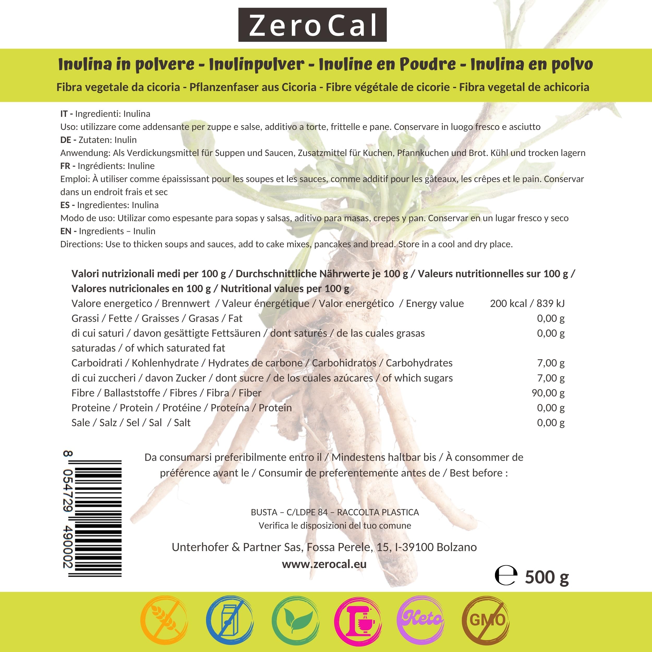 ZeroCal - Inulina da Cicoria in Polvere Pura 500g | Fibra Vegetale Prebiotica da Radici di Cicoria | Basso Contenuto Calorico | Provenienza Germania