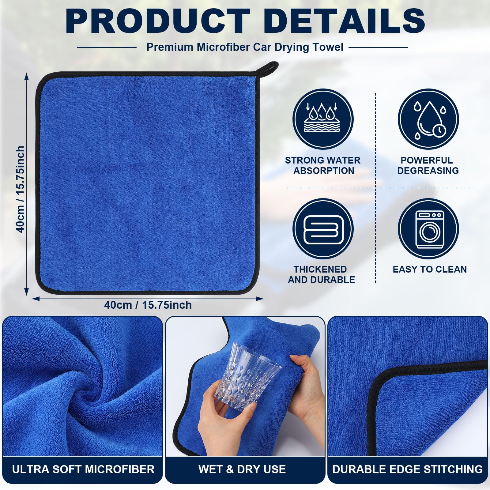 Nuenen Mikrofaser-Reinigungstücher für das Auto, 800 g/m², dickes Plüsch-Reinigungstuch, saugfähige Handtücher, Lappen für Auto, Haushalt, Küche, Fenster, 20 Stück (blau)