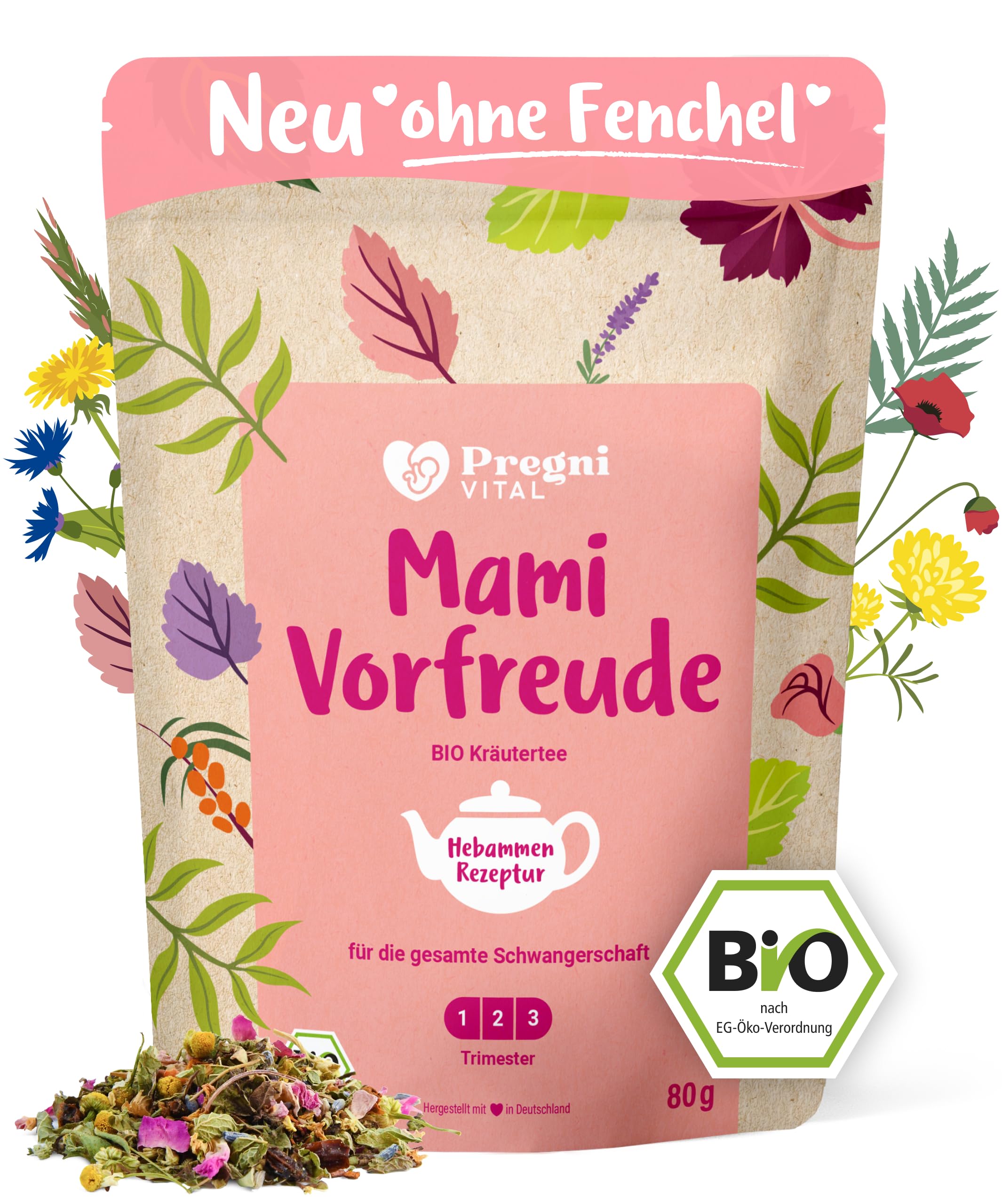 PregniVITAL Mami Vorfreude – BIO Schwangerschaftstee 1. 2. 3. Trimester – Beliebte Hebammen-Kräuter für die gesamte Schwangerschaft – auch perfekt als-Geschenk – 80 g lose Kräuter