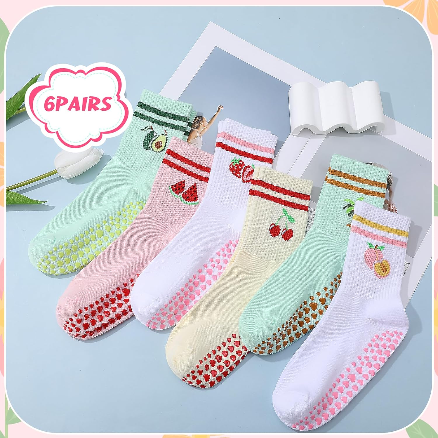 6 Pairs Pilates Grip Socks for Women Cute Non Slip Yoga Socks for Barre Ballet Barefoot Workout Hospital Sports Home Slipper - Image 2