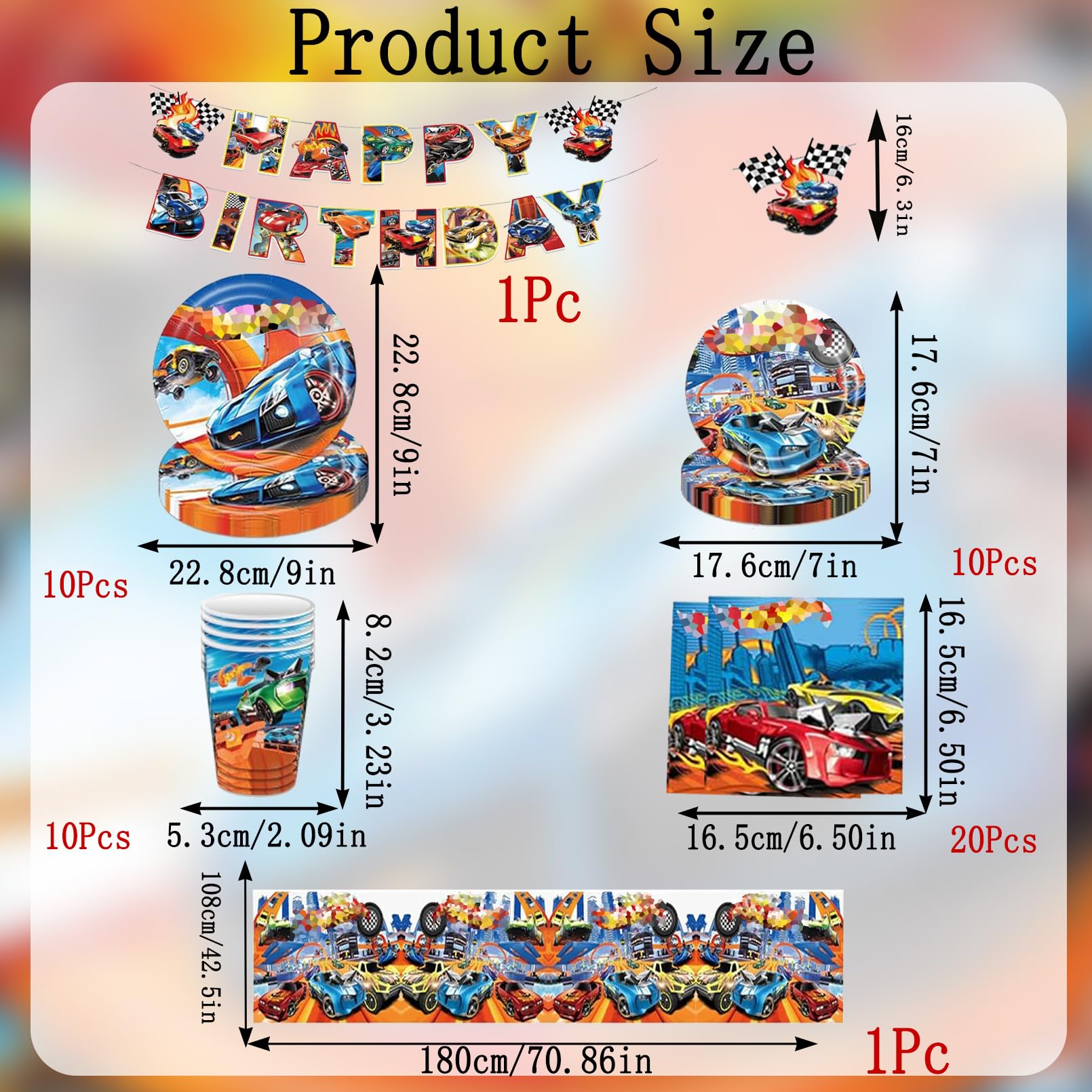 Hot Wh-els Stoviglie per Feste di Compleanno，Addobbi Compleanno Hot Wh-els，Cars Tovaglia, Piatti di Carta，Adatto a 10 persone