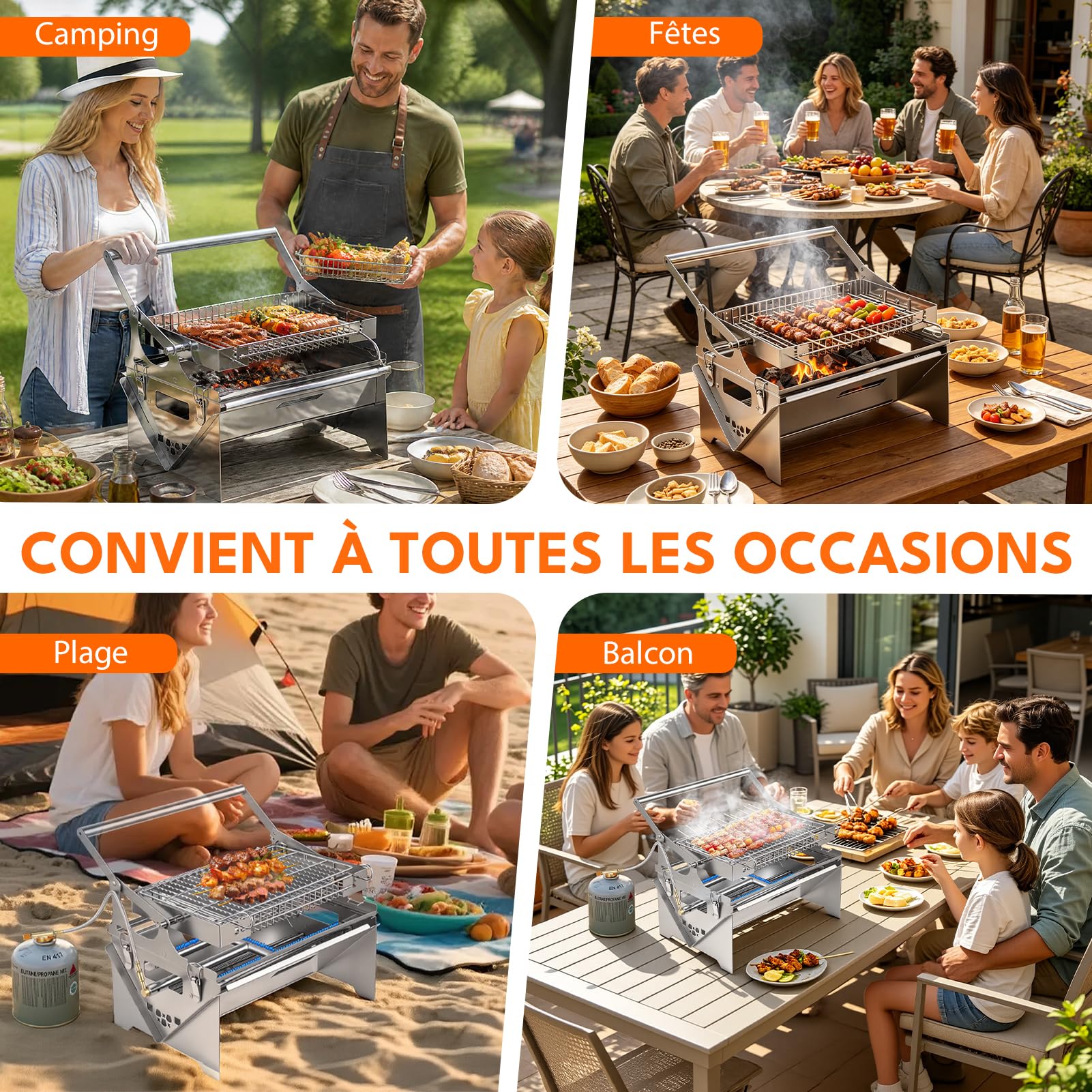 Barbecue au Gaz,Utilisation double Gaz/Charbon,Barbecue Charbon de Bois Portable avec Gril Rotatif 360°,Barbecues Pliable en Acier Inoxydable,pour Jardin, Terrasse, Pique-Nique, Camping