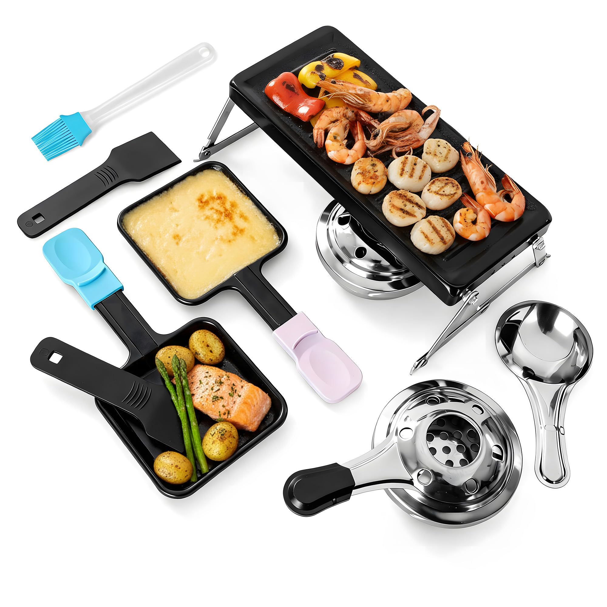 Mini Grill Raclette dla 2 Osób, Nieprzywierający Topielnik Sera z Płytą Grillową, 2 Palniki na Paliwo, 2 Szpatułki, Składany Metalowy Stojak na Camping