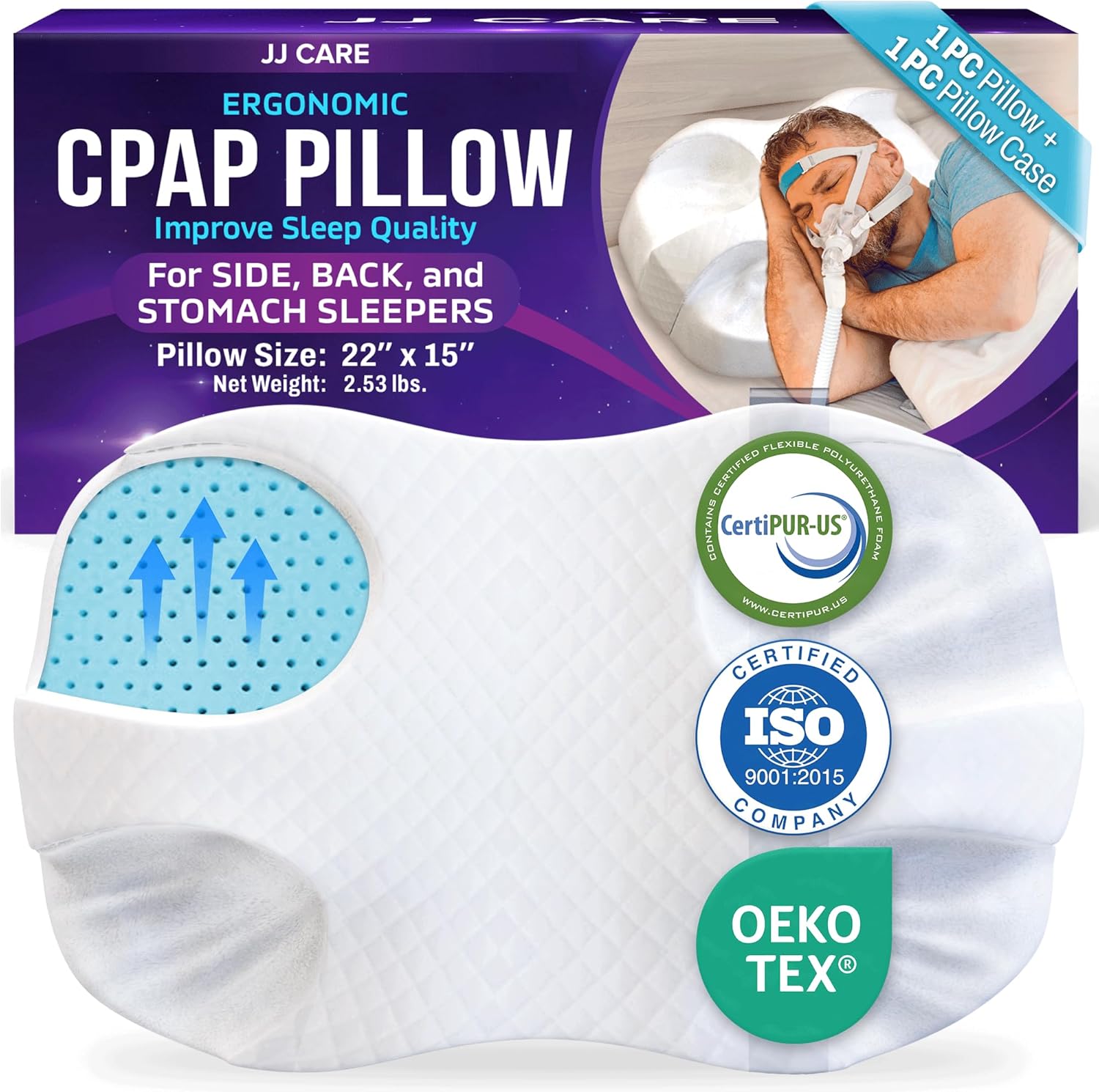 JJ CARE CPAP Pillows with Pillowcase (Pack of 1), CPAP Pillow for Side and Back