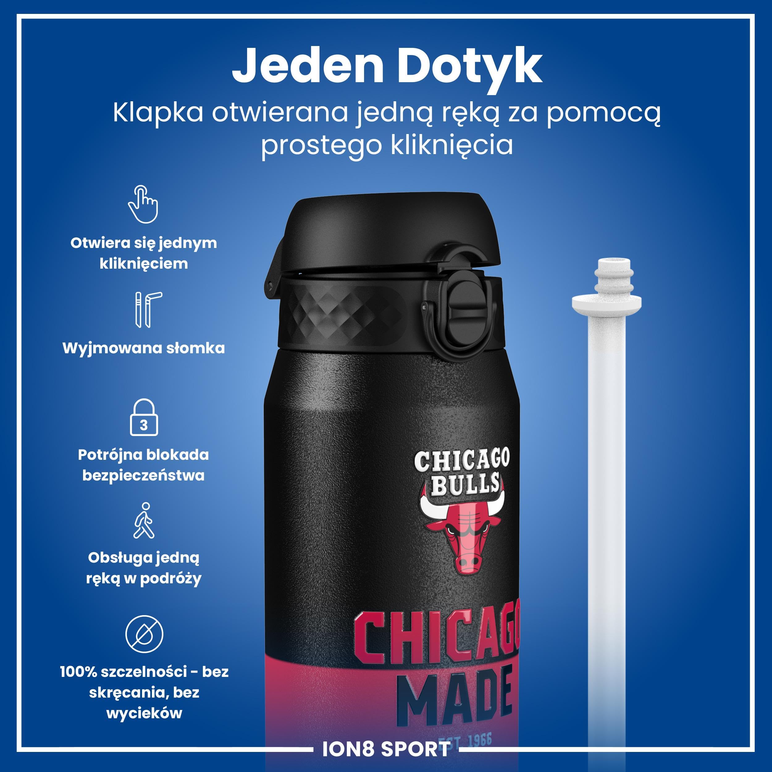 NBA Chicago Bulls Termiczna Butelka Sportowa Ze Zdejmowaną Słomką, 750ml/24oz, Szczelna, Izolowana Próżniowo, Łatwa Do Otwarcia, Bezpieczne Zamknięcie, Można Myć W Zmywarce, Składana Pokrywka