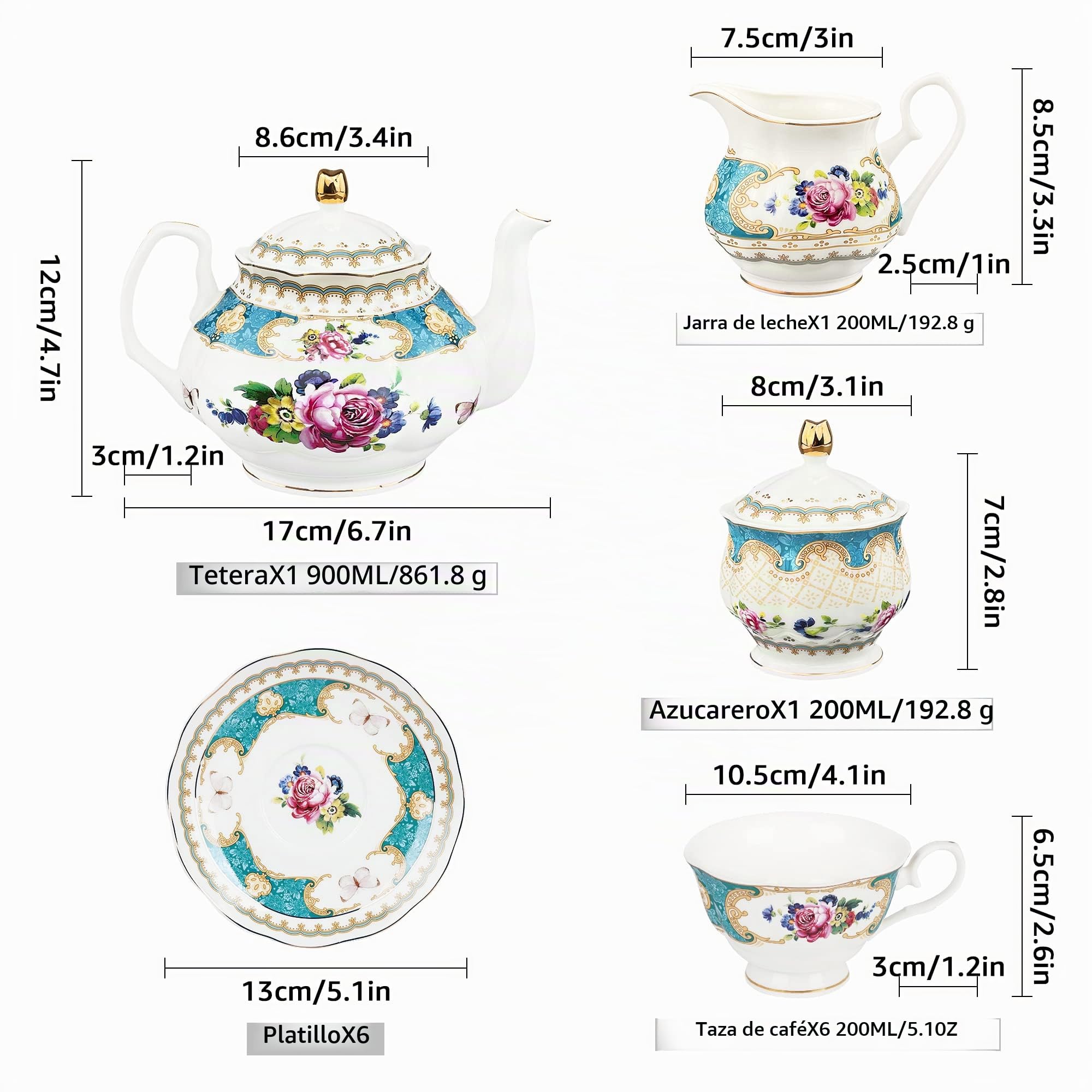 fanquare 21 Piezas Juego de Té de Porcelana Azul, Juego de Café Ceramica Vintage para 6 Personas, Juego de Tazas de Café Flores para Adulto