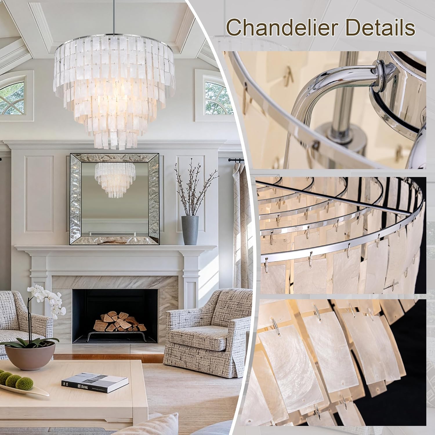 TOCHIC Capiz Shell Chandelier, 6-Light Chandelier for Dining Room, Coastal Chandelier with Natural Shells, Round Boho Light Fixtures for Bedroom, Living Room, Kitchen and Foyer, Chrome, W-23.62"