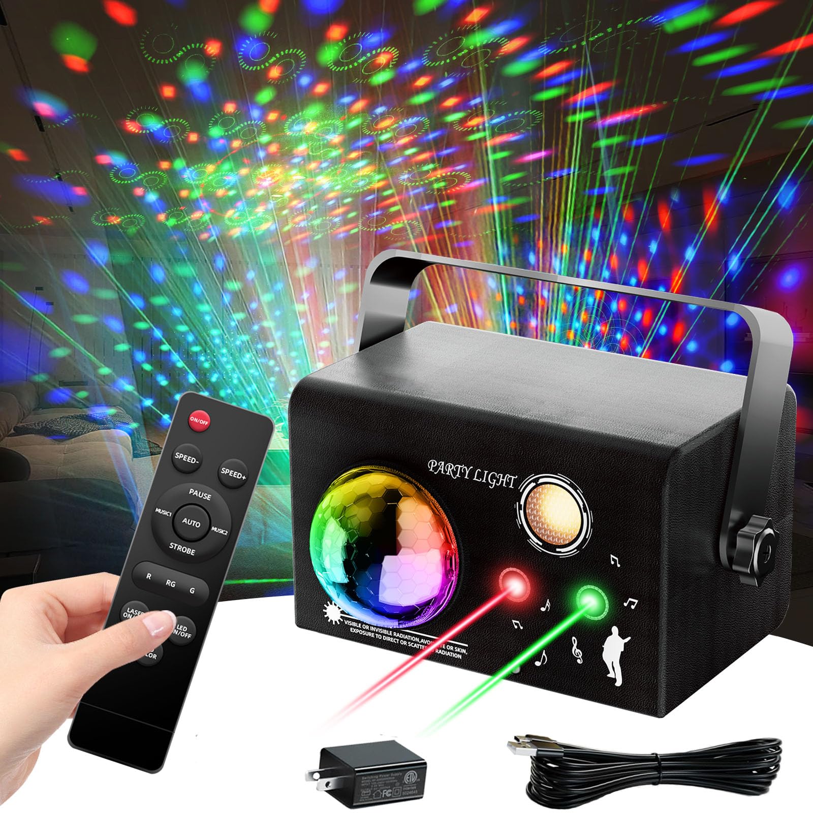 Kwadratowe światła imprezowe, 4 tryby, aktywowane dźwiękiem, światło dyskotekowe DJ z pilotem i stroboskopem, zasilane przez USB, lampki sceniczne do tańca na imprezę domową, urodziny, ślub, karaoke