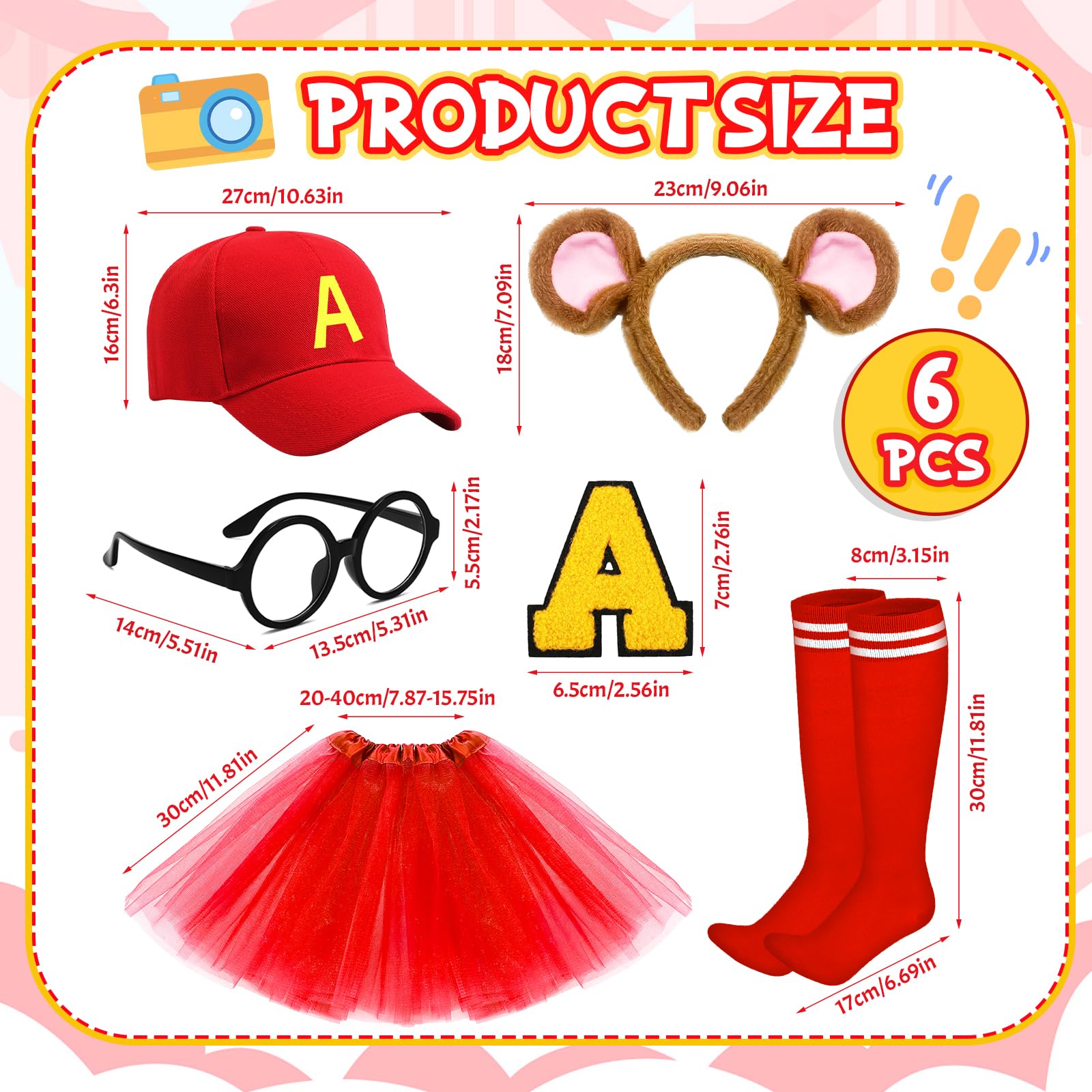 Jokureao 6Pcs Chipmunks Costume Set, Cartoon Chipmunk Outfit with Hat Glasses Headband Skirt Socks Patch - Image 2