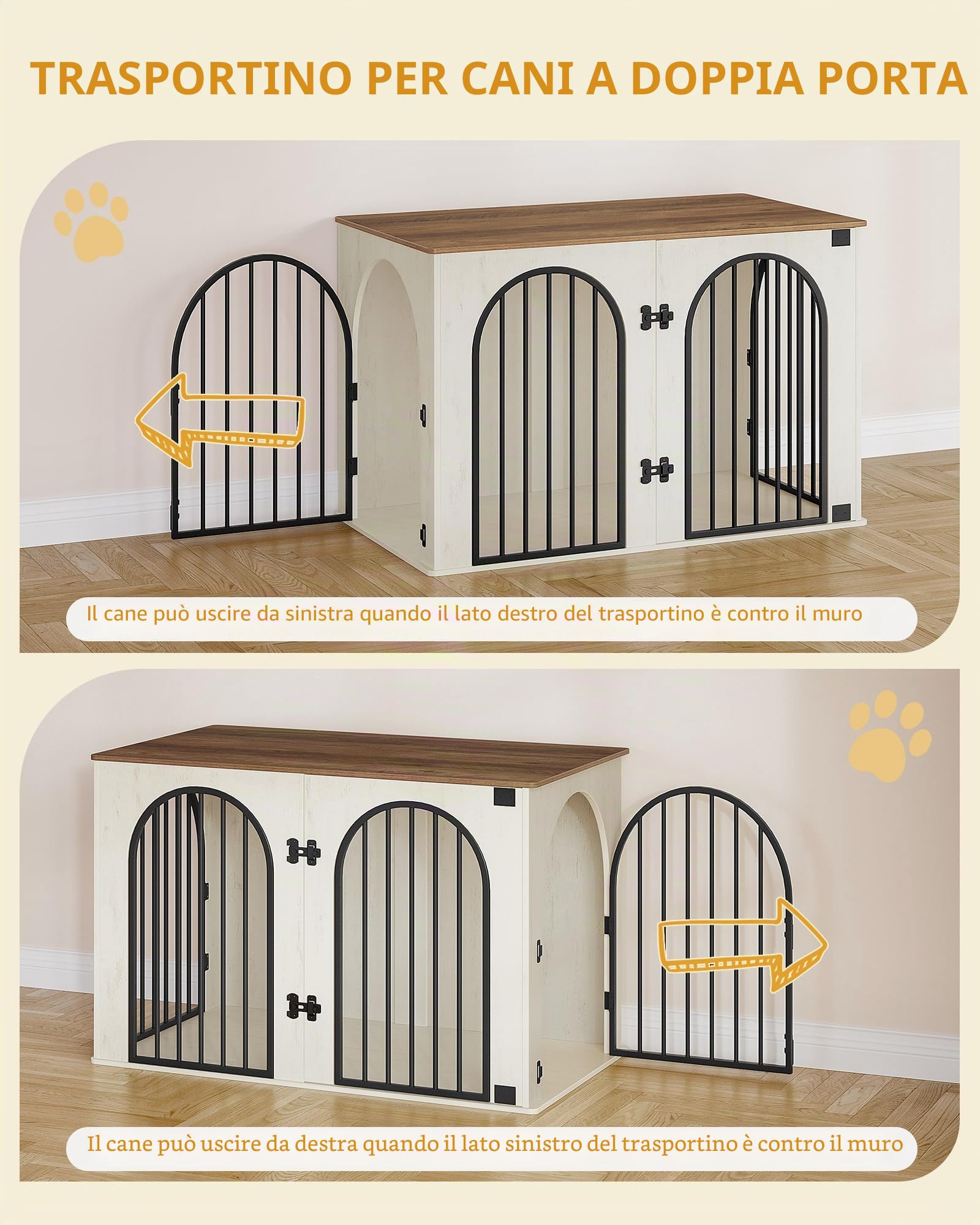 Hzuaneri 108 cm Gabbia per Cani, Tavolo Supplemento, Cuccia Moderna per Cani Interno, Kennel Cane Medio, Casetta per Animali, 3 porte, Porta ad arco, 64 x 108 x 76 cm, Bianco e Marrone DFC86014B