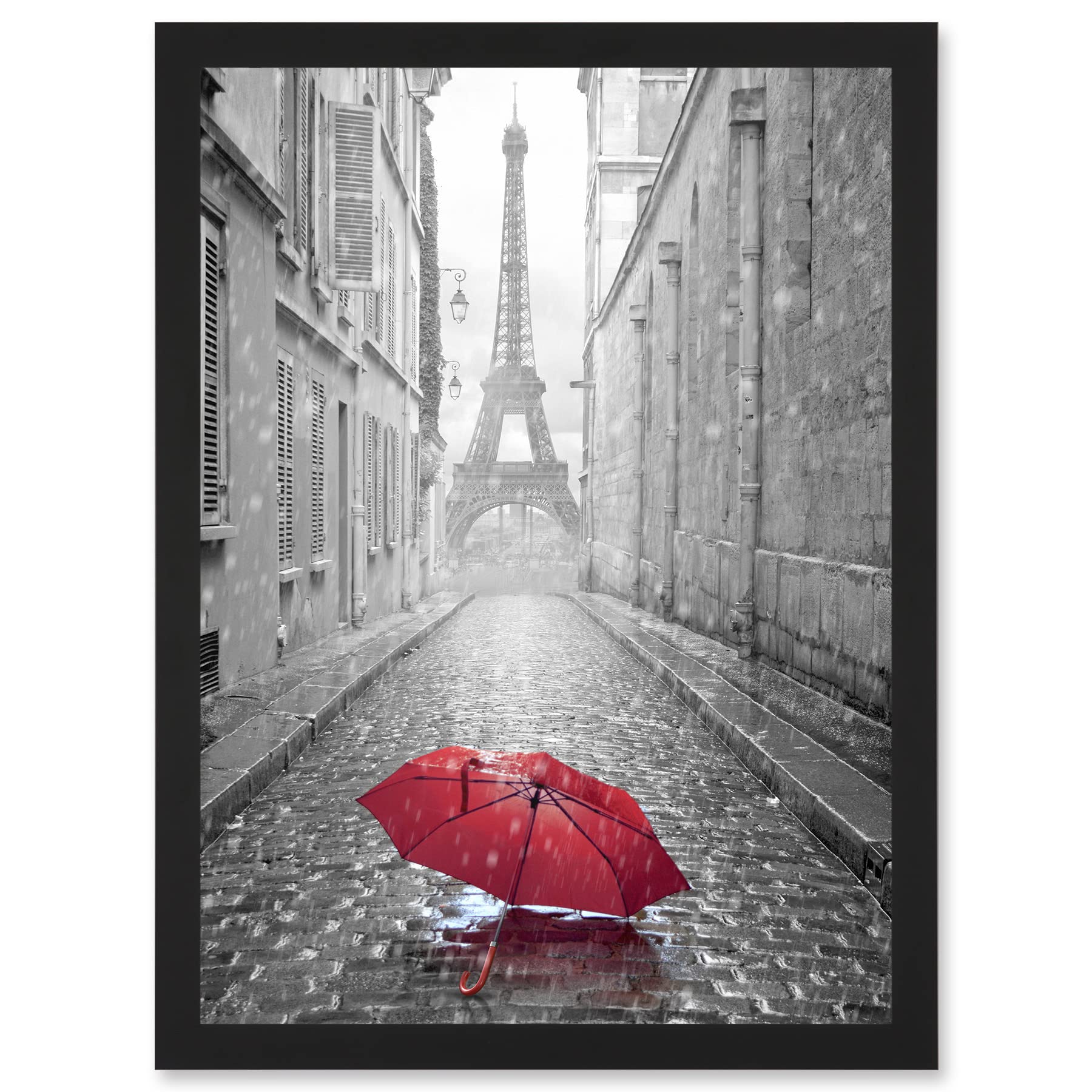 Wee Blue Coo Eiffel Tower In Paris Red Umbrella Rain Alley Cobbles Artwork Framed Wall Art Print A4