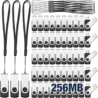 50 Pieces USB 2.0 Flash Drives Bulk, Portable USB Thumb Drives with 50 Pieces Black Lanyards, Black Swivel Flash Drives Thumb Drives for Office School Data Storage (Black, Silver, 256MB)