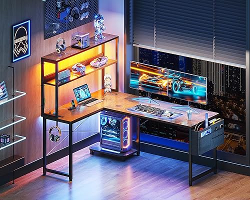 Miniatura 2 de Casaottima Escritorio para juegos con tomas de corriente y luces LED, escritorio reversible en forma de L de 53 pulgadas con estantes y bolsa de