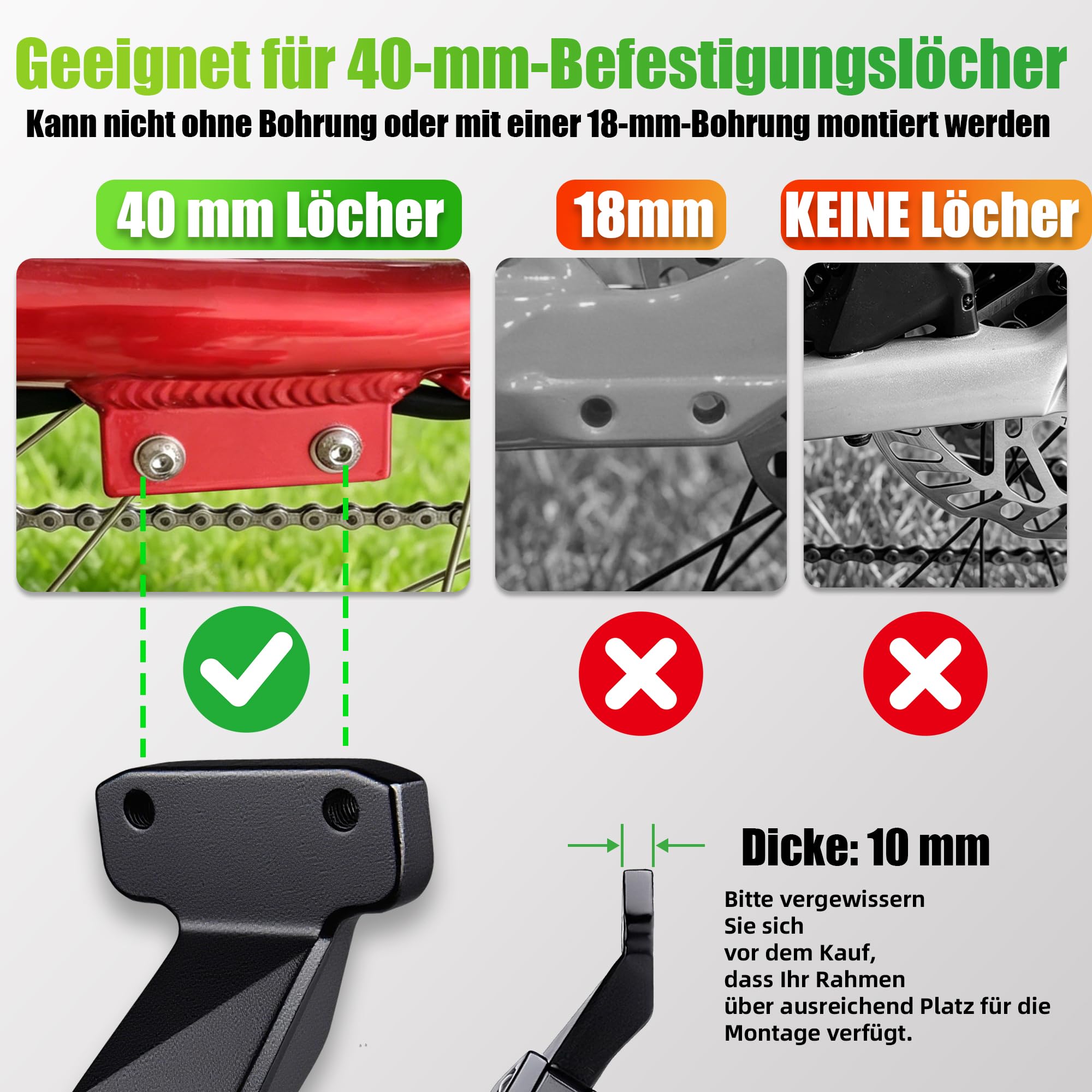 RBRL E-Bike Fahrradständer (Hinterrad) – Mit 2 Löchern 40 mm, Höhenverstellbar 27–33 cm, 85 kg Tragkraft, Extra Stabiler Aluminium Seitenständer für 26–29 Zoll