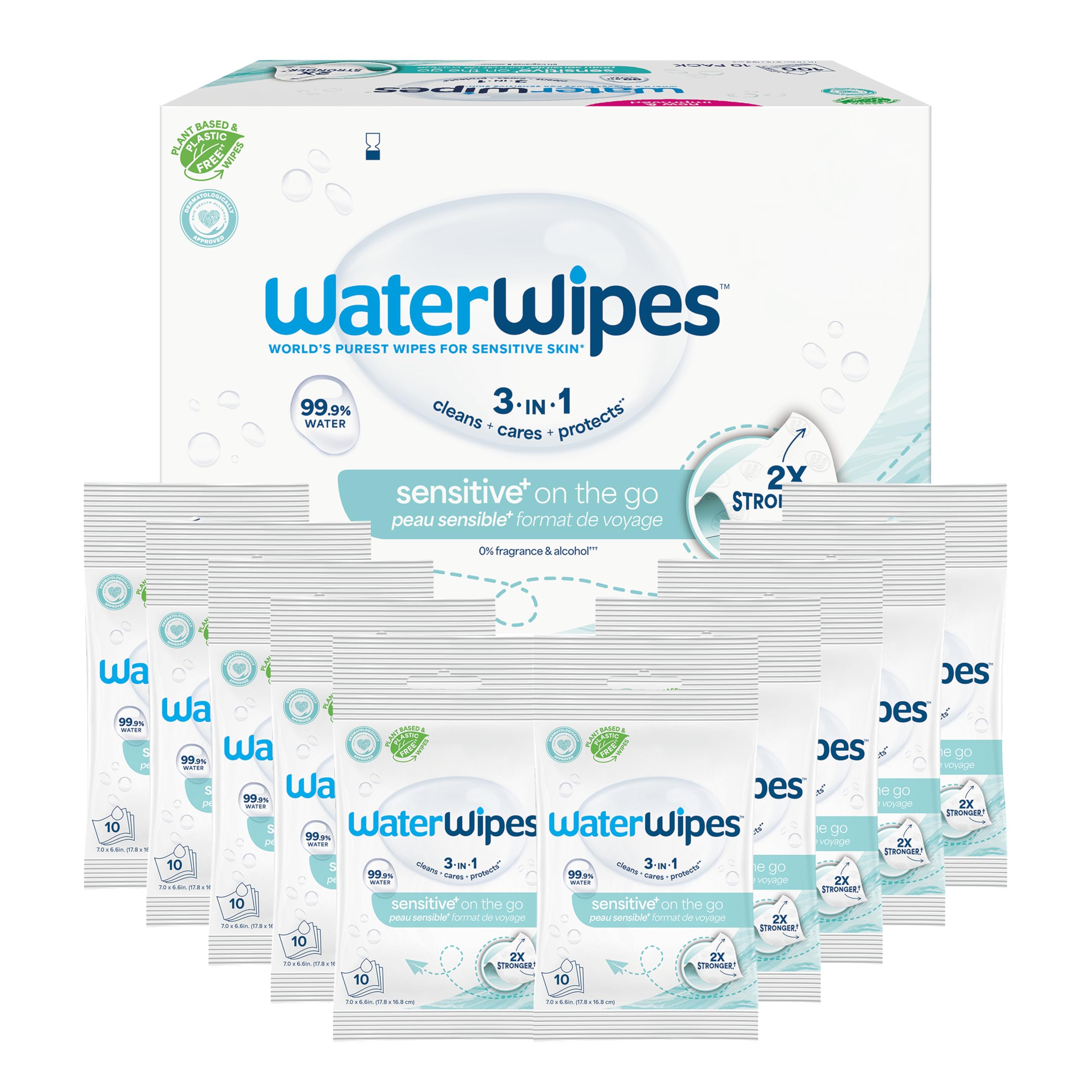 WaterWipesSensitive+ On The Go Wipes, 3-In-1 Cleans, Cares, Protects, 99.9% Water, Unscented & Hypoallergenic Wet Wipes, 100 Count (10 Packs)