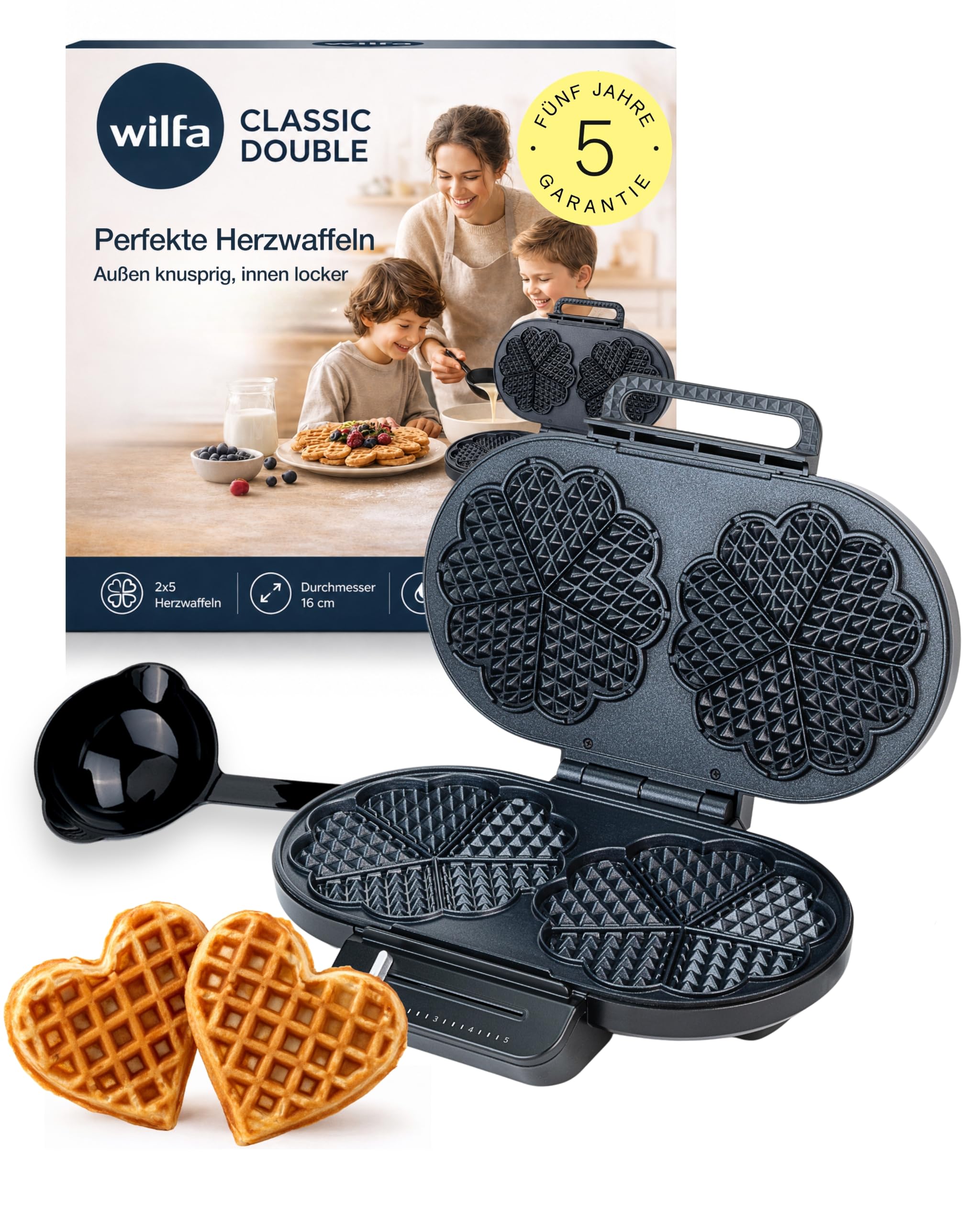 Wilfa BELL Waffeleisen I 1400W Power & 21 cm XXL Herzwaffel I Herzwaffeleisen mit 7 Bräunungsstufen, Signalton & doppelte Antihaftbeschichtung I Schnelles Aufheizen & gleichmäßige Bräune