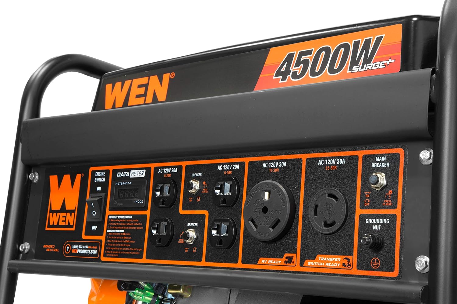 Close-up of the WEN GN4500 digital data meter and engine switch.