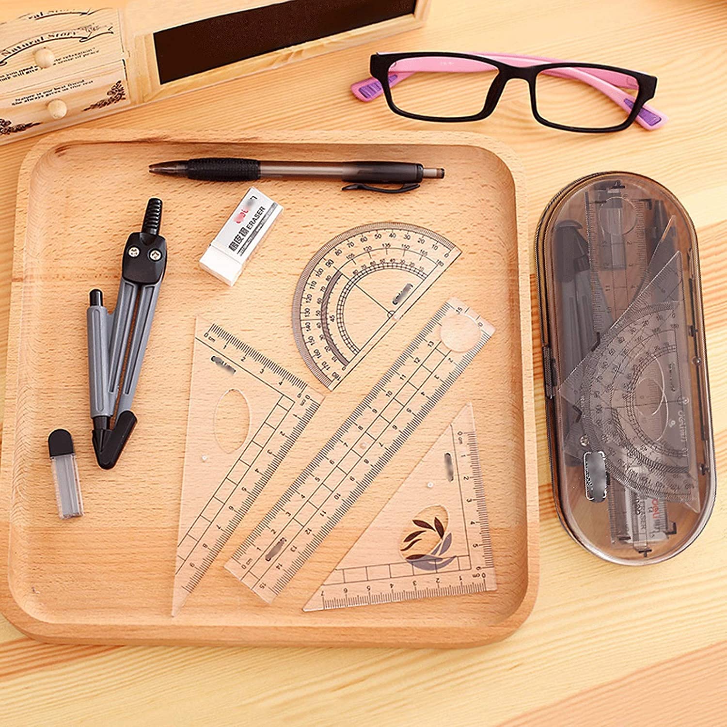 AKAZI Zeichenkompass-Set, Test-Geometrie-Set, Zeichen-Briefpapier-Set für Studenten, zum Zeichnen, Schule, Holzbearbeitung, 8-teiliges Set, Mathe-Kompass