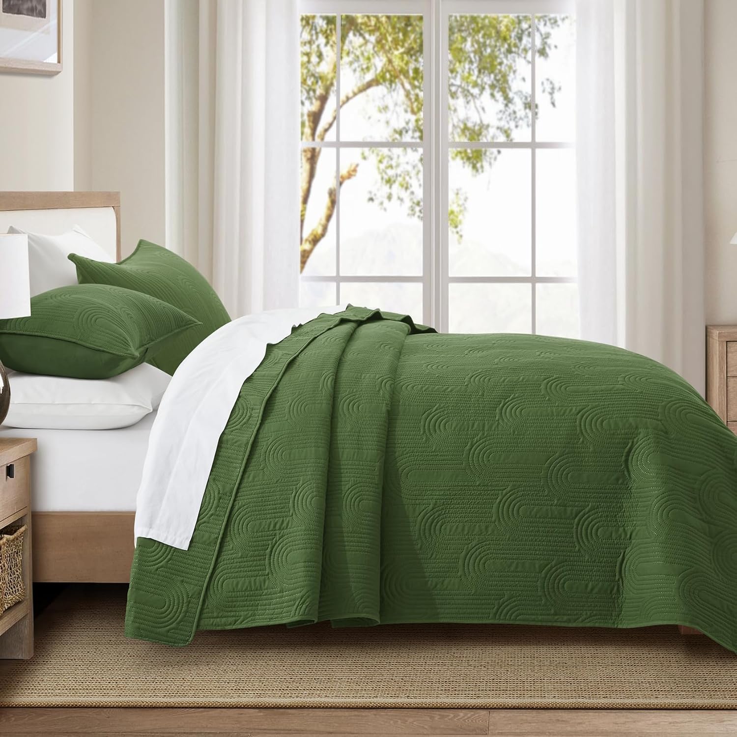 Lavsiry Quilt Queen Size with Pillow Shams, Summer Lightweight Full Size Arch Pattern Bedspreads, Soft Microfiber Thin Comforter Coverlet Bedding Set for All Seasons - Olive Green, 90"x96"