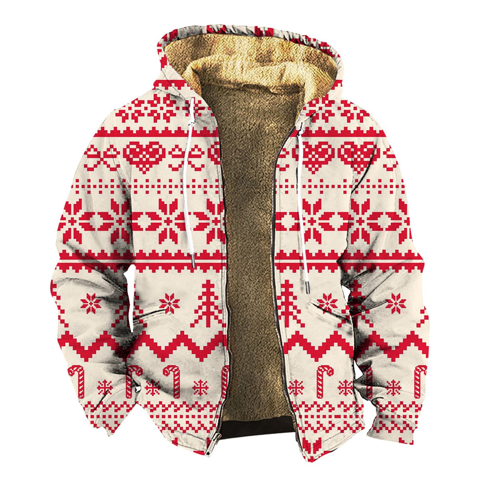 Generisch Damen Winterjacke Mann-Weihnachtsmantel mit Kapuze, Fleece-gefütterter Mantel, mehrere Weihnachtsdrucke, Reißverschluss, männliche Kapuzenjacke, Winter