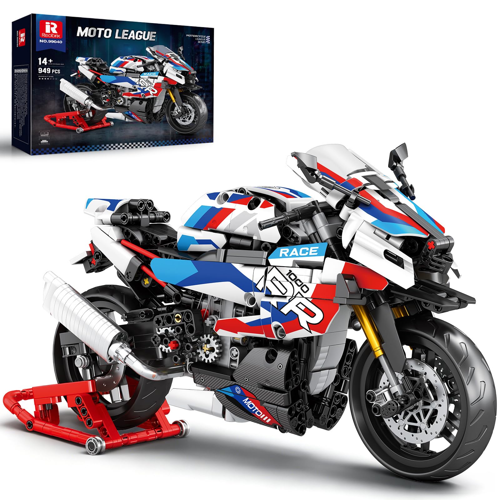 Reobrix Kit di Modellismo Motocicletta 1000 RR,99040 Moto Giocattolo 14+ | Kit Modellini Moto in Scala 1:8,949 pezzi Modellino Replica Technique Motocicletta,Kit Modello per Adulti,Appassionati Moto