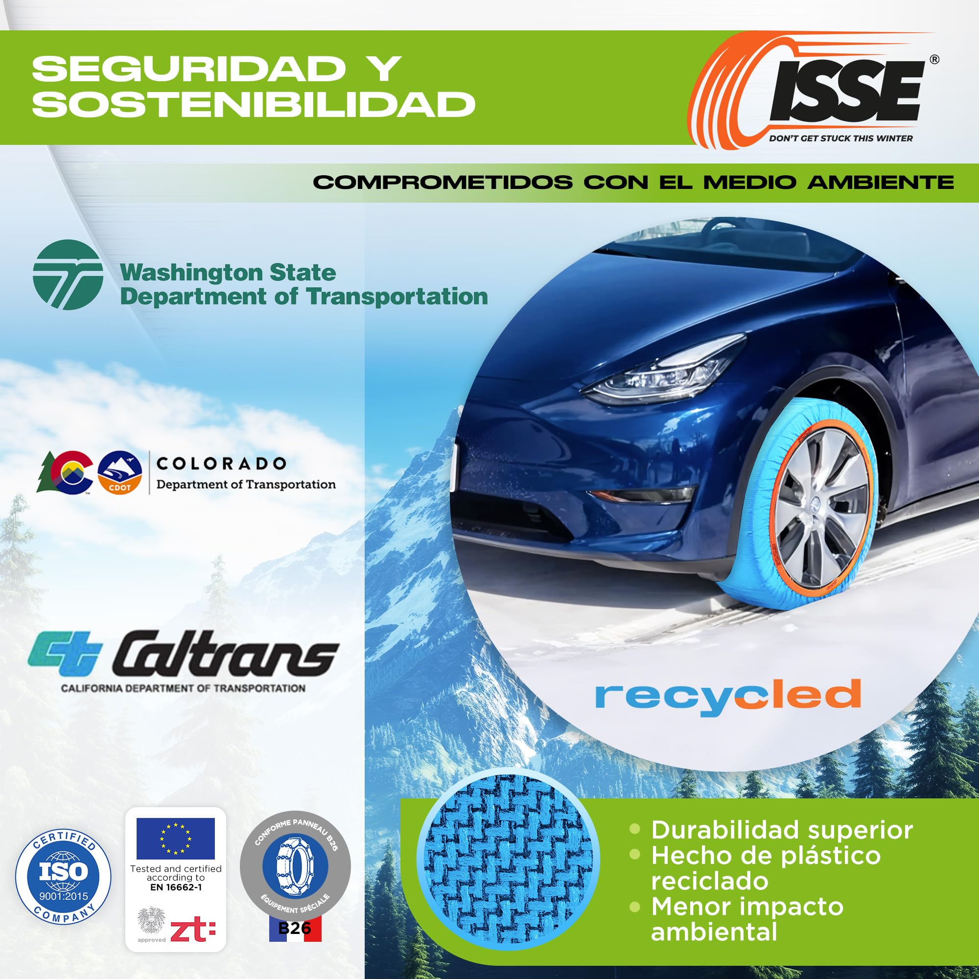ISSE - Cadenas Coche Nieve Recycled |T-70| Homologación EN 16662-1 - Cadenas Nieve Téxtiles Fáciles de Instalar - Cadenas Nieve Coche Antideslizantes y Resistentes - Kit de 2 Cadenas + guantes
