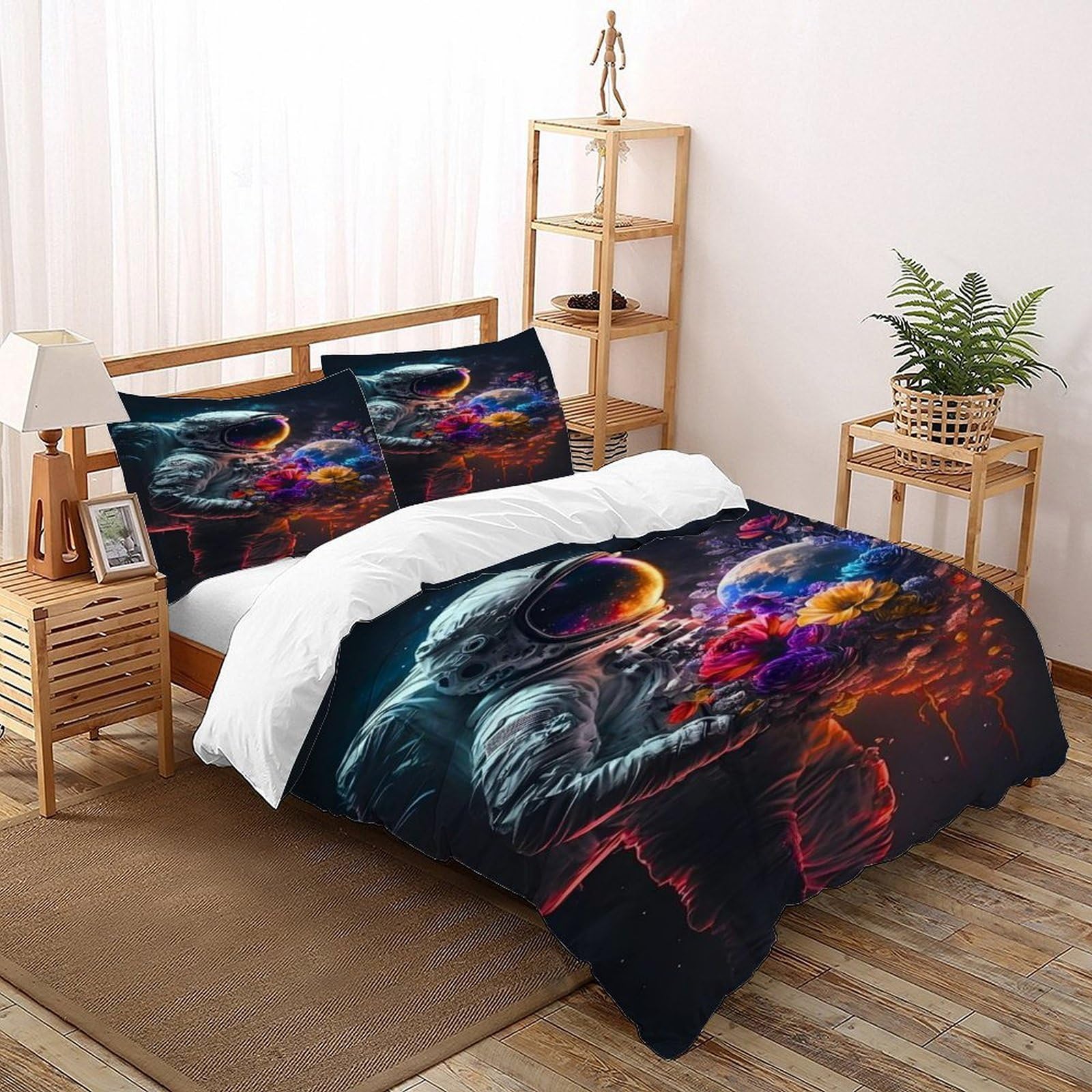 Housse de couette fleurs d'astronaute zippée pour grand lit adulte