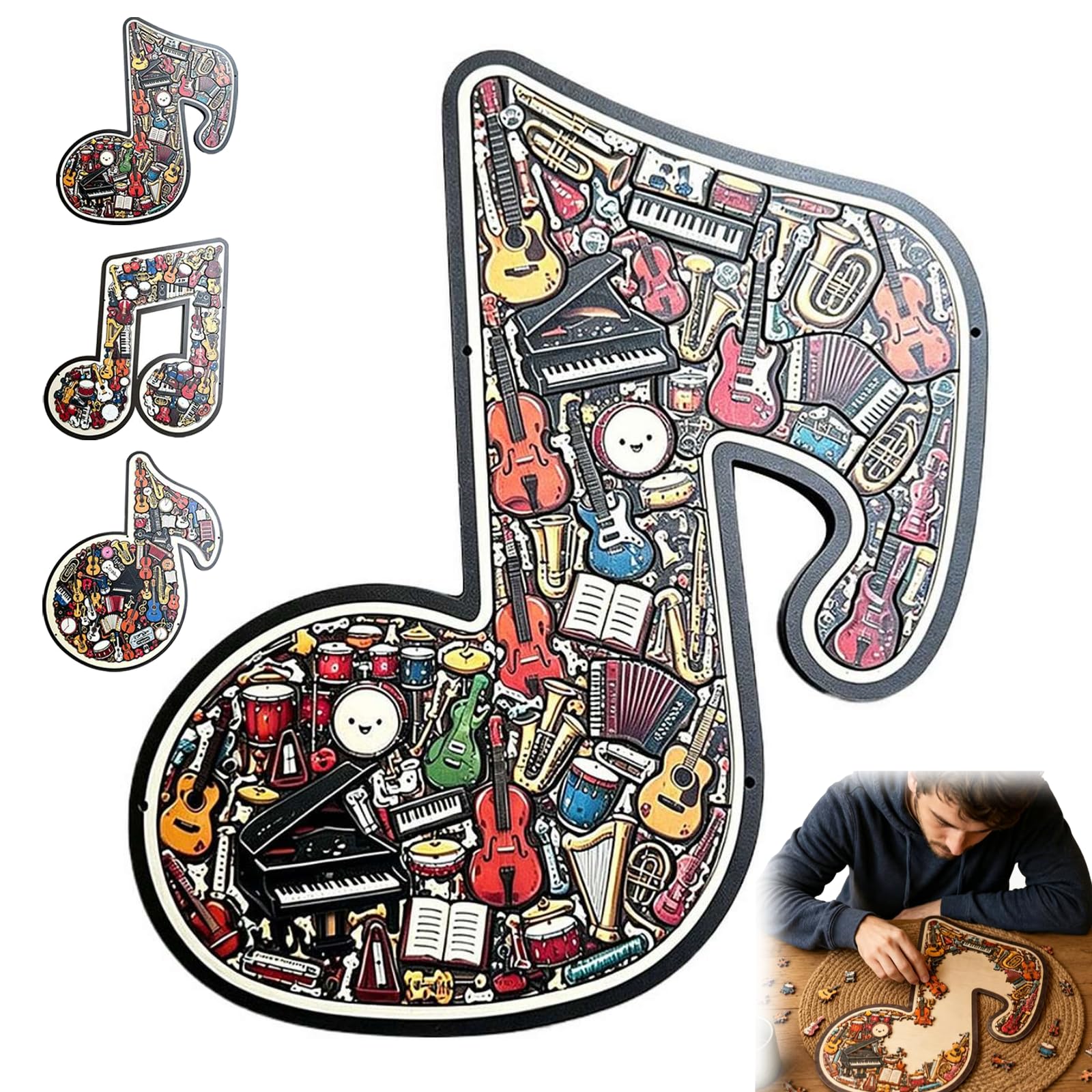 Musical Note Instrument Jigsaw Puzzle Ornament, 3D Wooden Music Note Puzzle Creative Decor for Music Lovers, Retro Instrument-Shaped Puzzles Pieces with Stand for Desk Shelf Display (Style A) โ image 1
