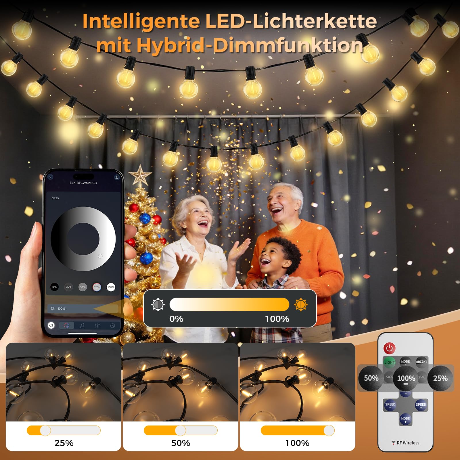 Lichterkette LED Außen Outdoor Strom 91,3 M/300 FT-120+4 G40 Glühbirnen | mit App & Fernbedienung (Doppelsteuerung), Dimmbar & Timer, Wetterfest, Aussen Lichterketten für Garten/Pavillon/Terrasse