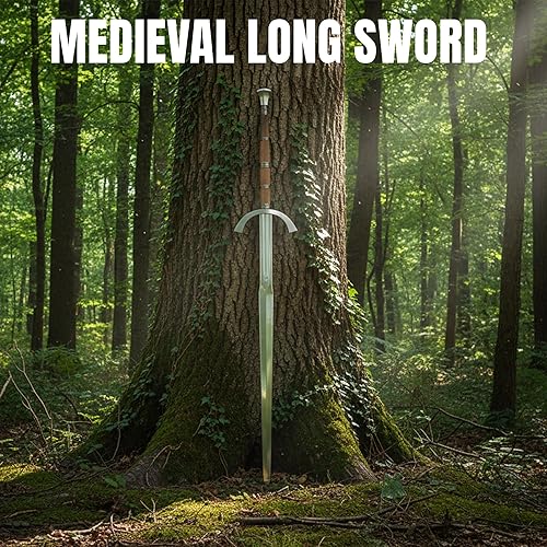Miniatura 5 de SZCO Gran espada de 63 pulgadas, espada larga medieval de acero al carbono con dos manos con vaina de cuero, hoja hecha a mano de 43 pulgadas y