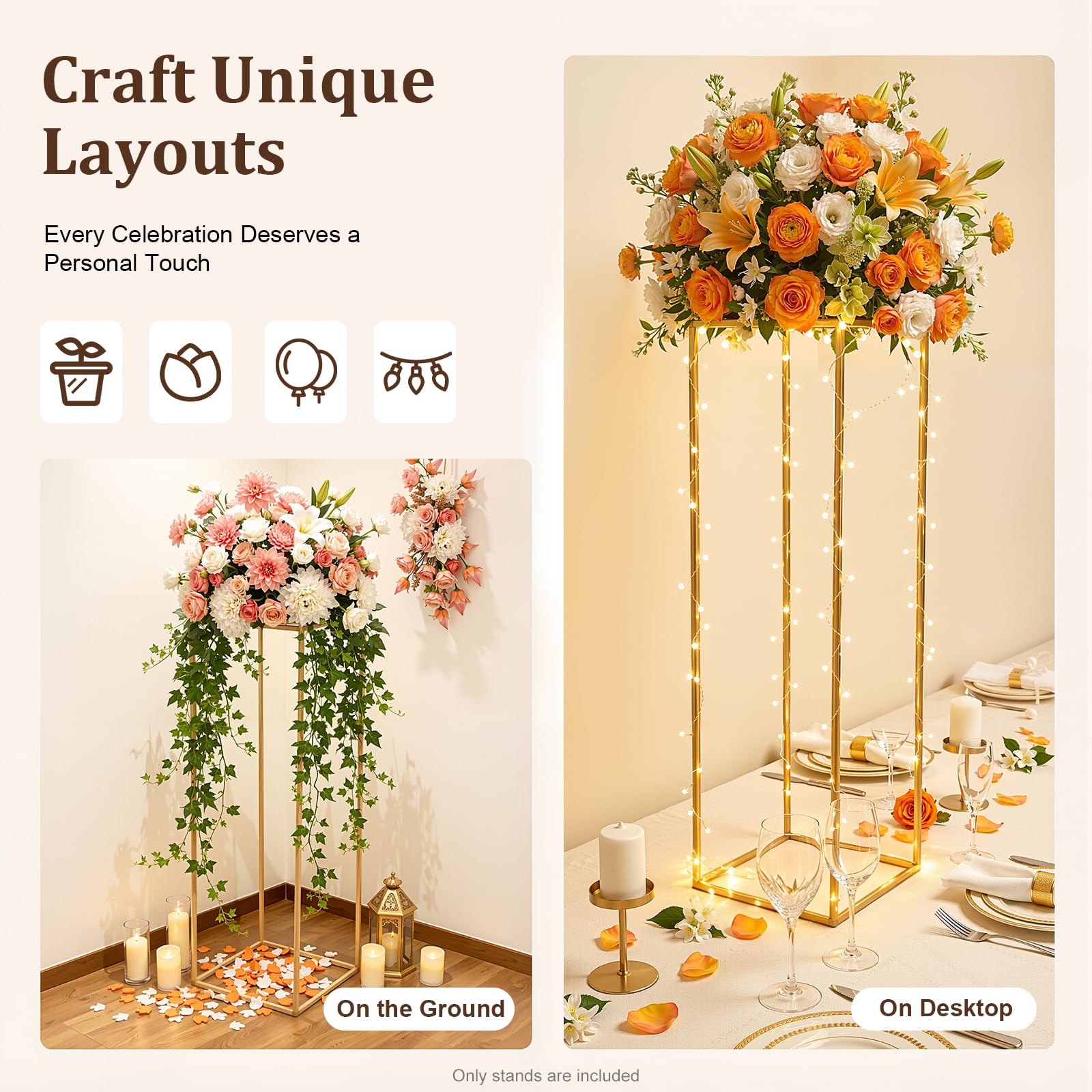 Juego de 10 escaleras de metal doradas para plantas, soporte para flores con maceta, estante decorativo para bodas, fiestas y decoración del hogar