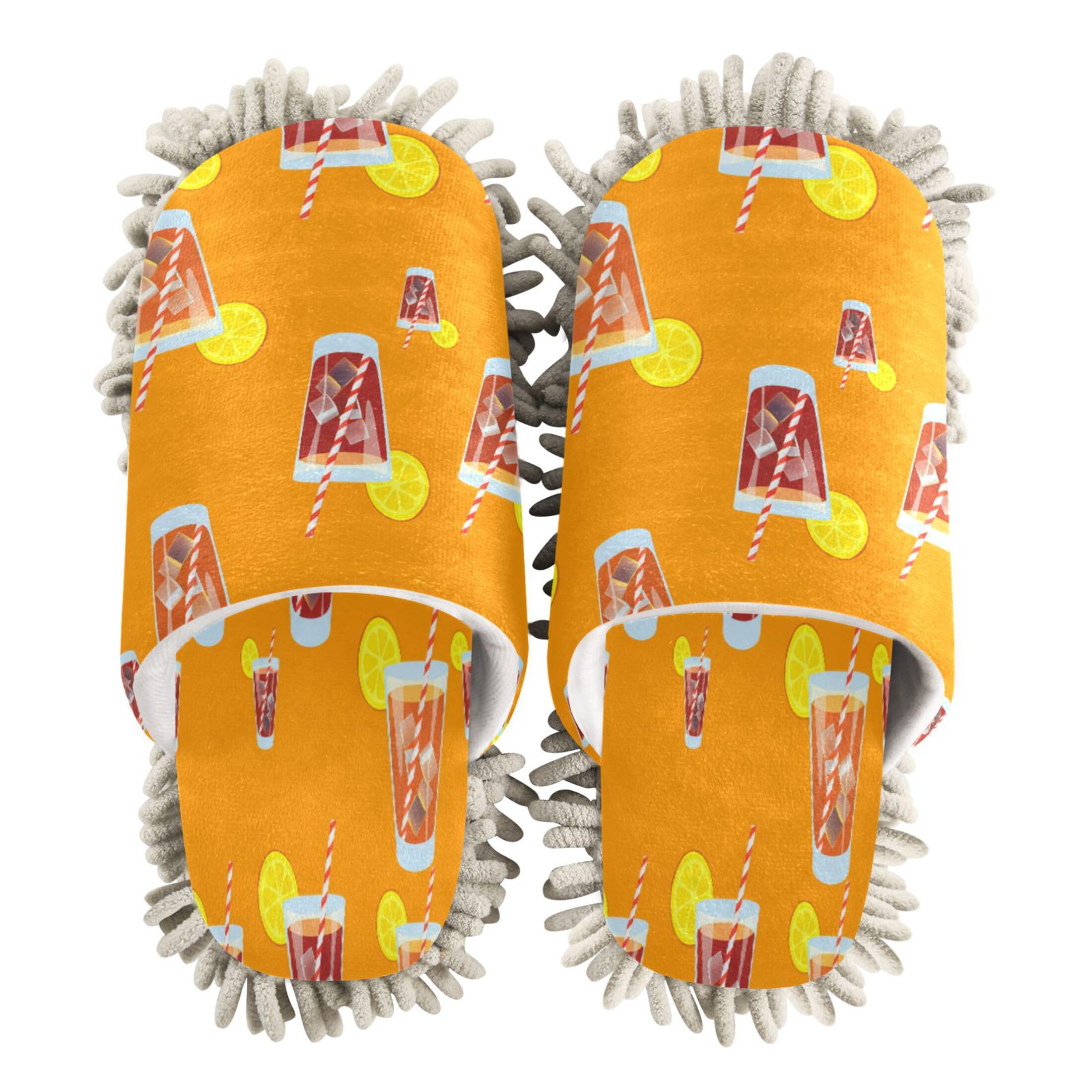 Kigai Drinks with Straw Lemon Slices Mop Slippers for Floor Cleaning, Slippers for Women Men, Microfiber Floor Cleaning, M