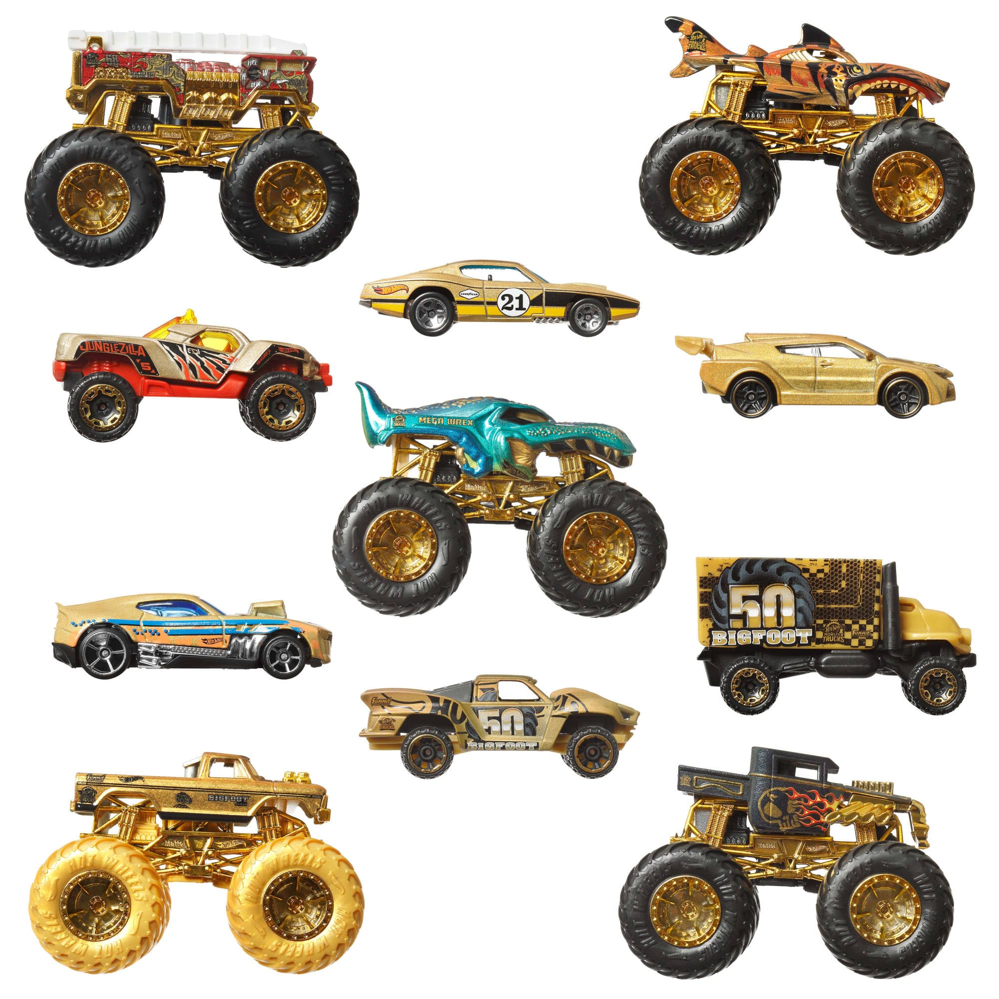 Hot Wheels Monster Trucks Campeones de trofeo Colección de coches y camiones, con vehículos metálicos: Bigfoot, 5-Alarm, Bone Shaker, Mega-Wrex y Tiger Shark, además de seis coches, JDW07