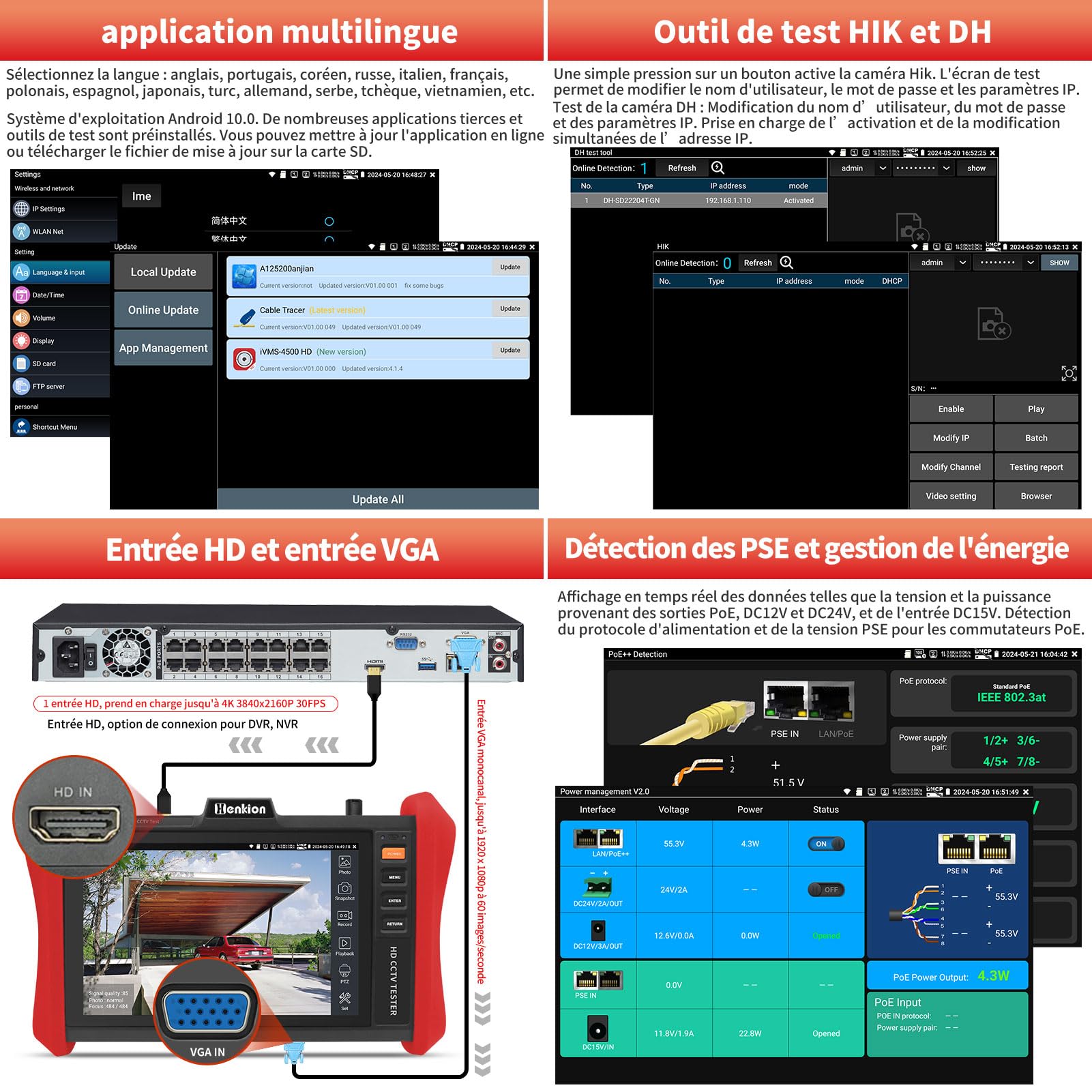 Henkion Testeur de Vidéosurveillance 4K 12MP Testeur de Caméras IP PoE++ Max 90W PoE CCTV Tester Coaxiales 8MP TVI/CVI/AHD/CVBS, 1CH SFP, WiFi, Outils Réseau, Testeur de Câbles, HD/VGA, Détection PoE