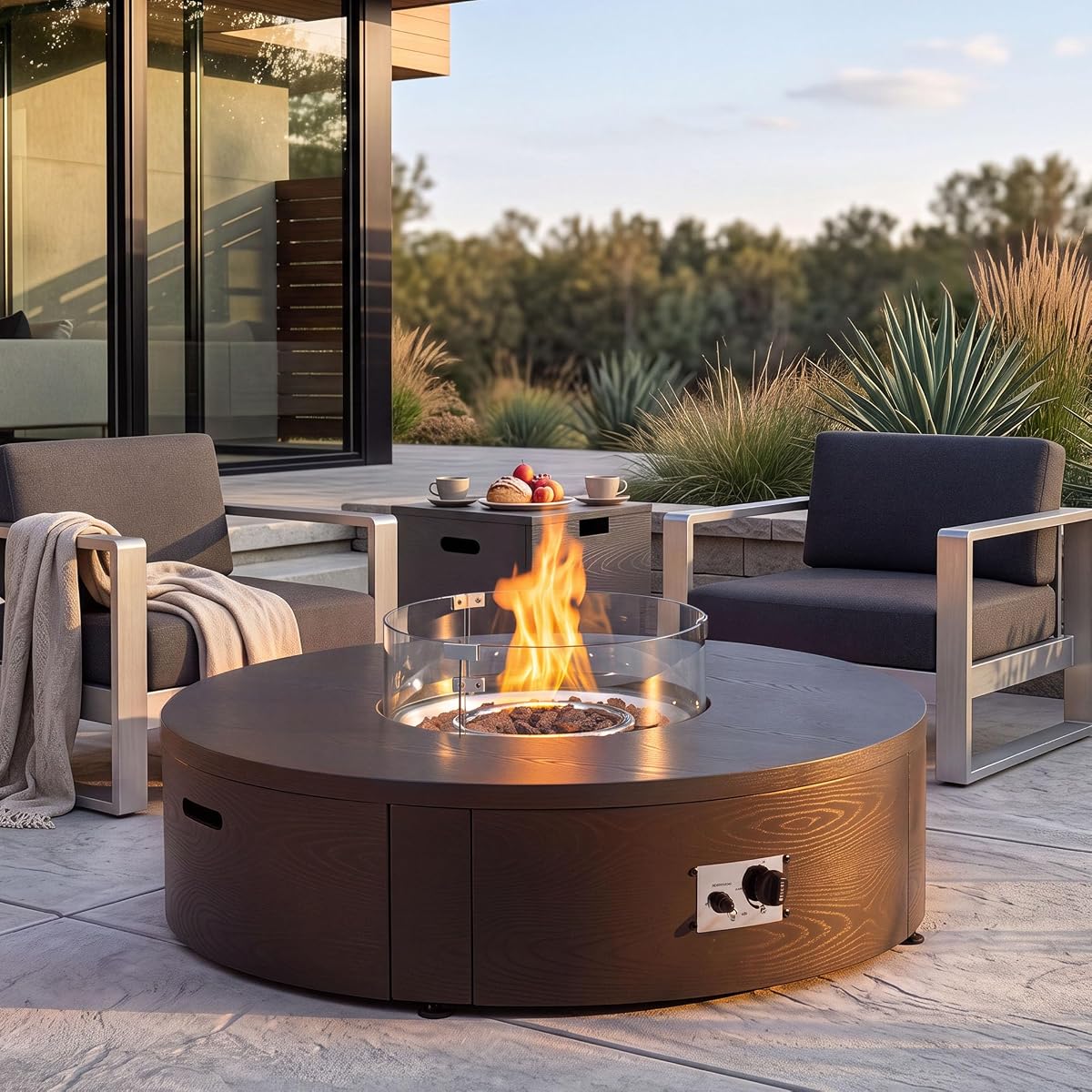 COSIEST 42inch Outdoor Fire Pit Table Propane Firepit for Outside, 50,000 BTU Oversize Round Metal Fire Pits with Tank Hidden Table, Wind Guard, Lid, Rain Cover, Grey