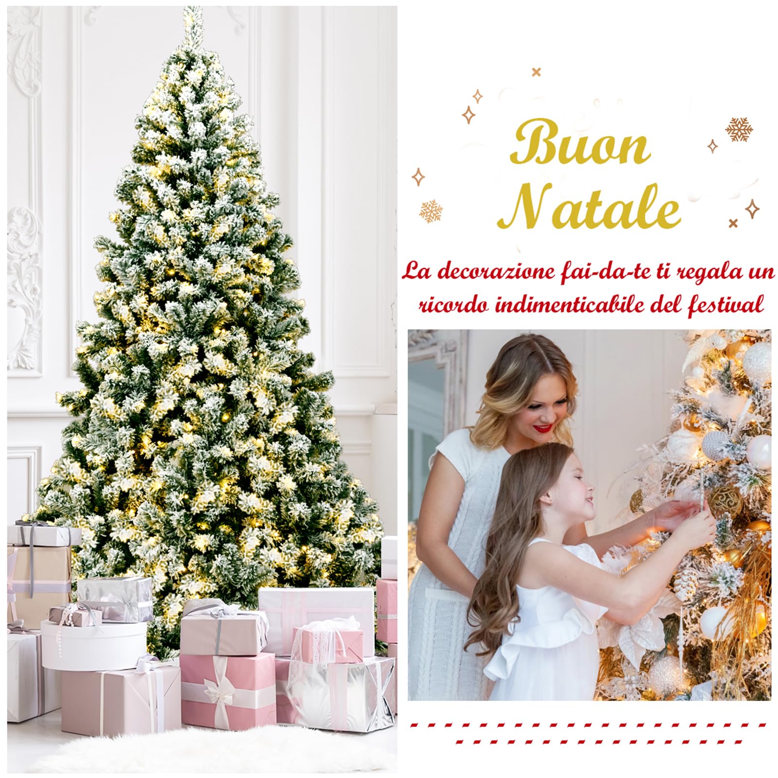 COSTWAY Albero di Natale Innevato 135/180/230 cm, Albero di Natale con 200/250/550 Luci LED Bianche Calde, 400/928/1346 Rami, Base in Metallo, Decorazione Natalizia per Casa e Negozio (230 cm)