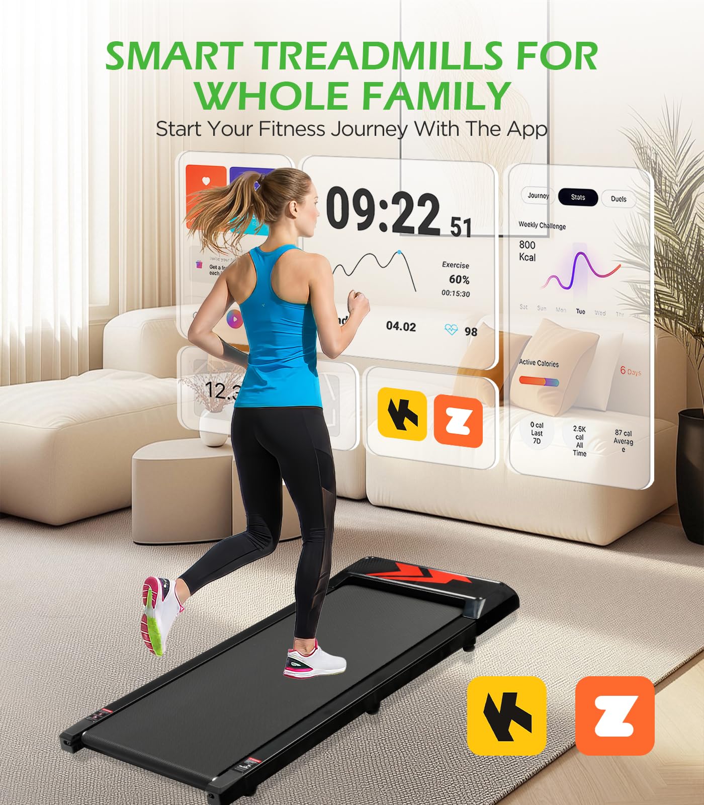 Cozary Tapis Roulant Elettrico Salvaspazio con 5% Inclinazione, Walking Pad per Casa e Ufficio, 120 kg, 2-6 km/h, Motore 2.5 HP Silenzioso, Controllo App e Telecomando