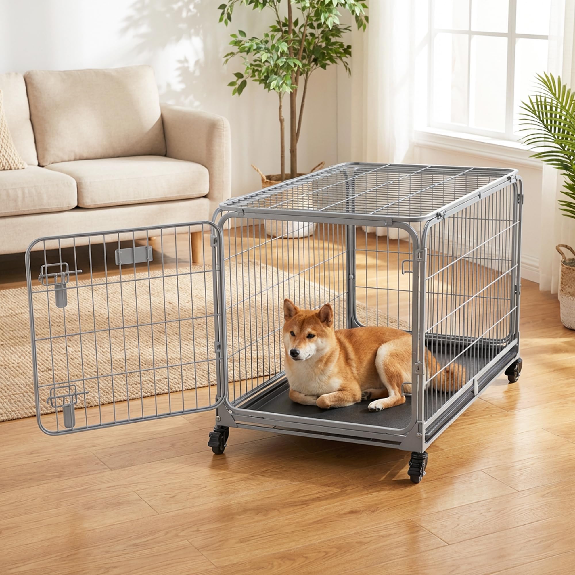 ZOMISIA Collapsible Dog Crate with Wheels, 92 x 57 x 58.4 cm (36"), Grey