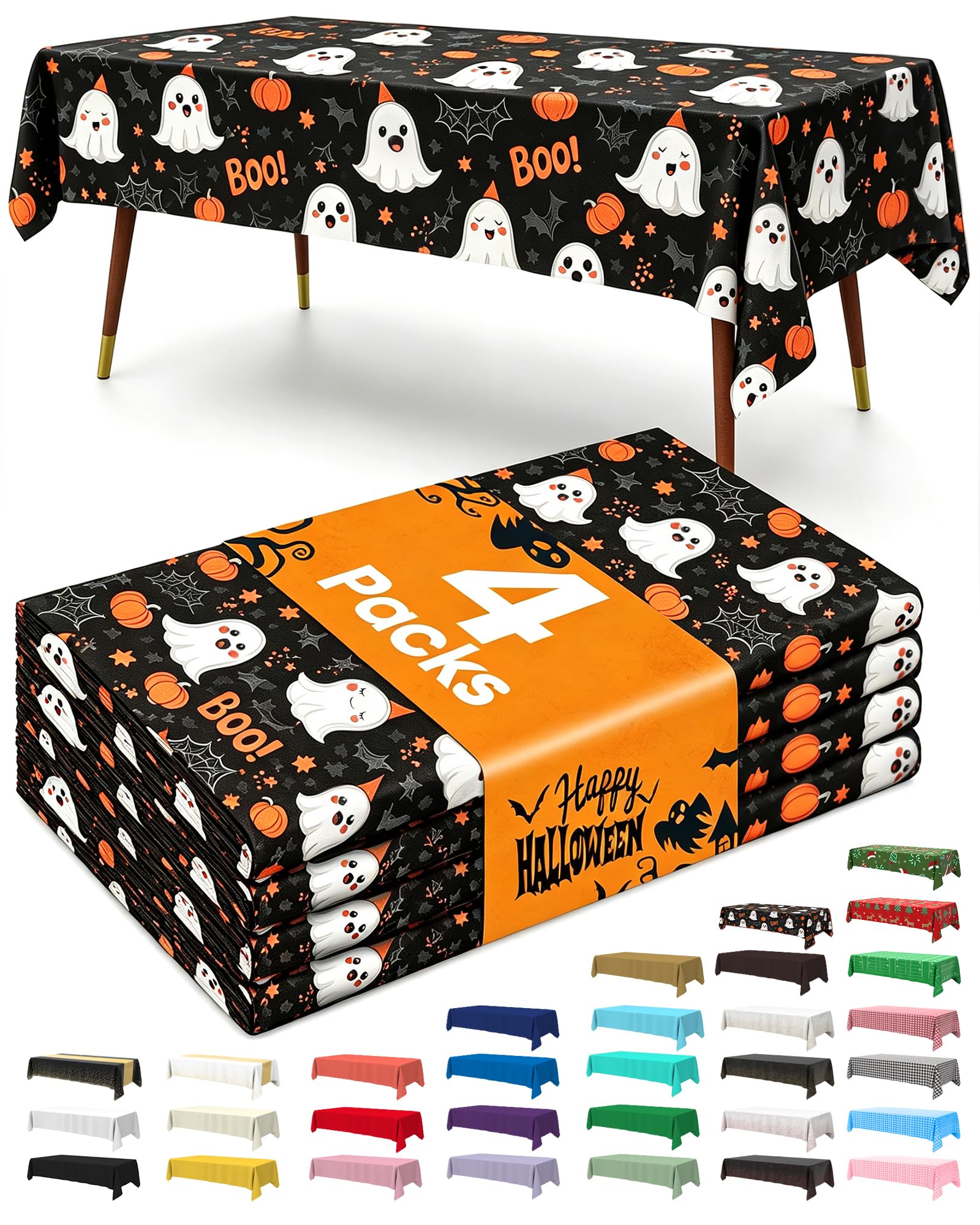 Pureegg Disposable Plastic Tablecloth 4 Pack, 137 x 274 cm, Halloween Black