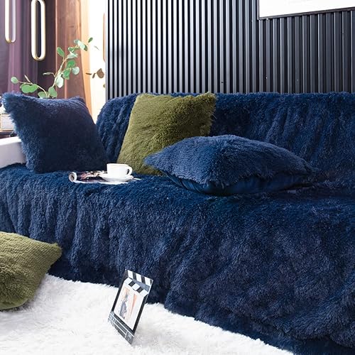 Miniatura 6 de YUSOKI Manta de piel sintética tamaño Queen (azul marino, 90 x 90 pulgadas), almohadas anchas, manta de cama ligera de felpa suave y acogedora de