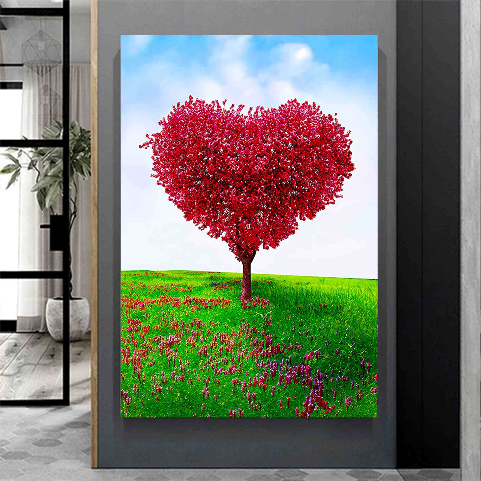 Albero dell'amore rosso sull'erba - Puzzle in legno da 1500 pezzi - Per anziani, bambini, famiglia e amici