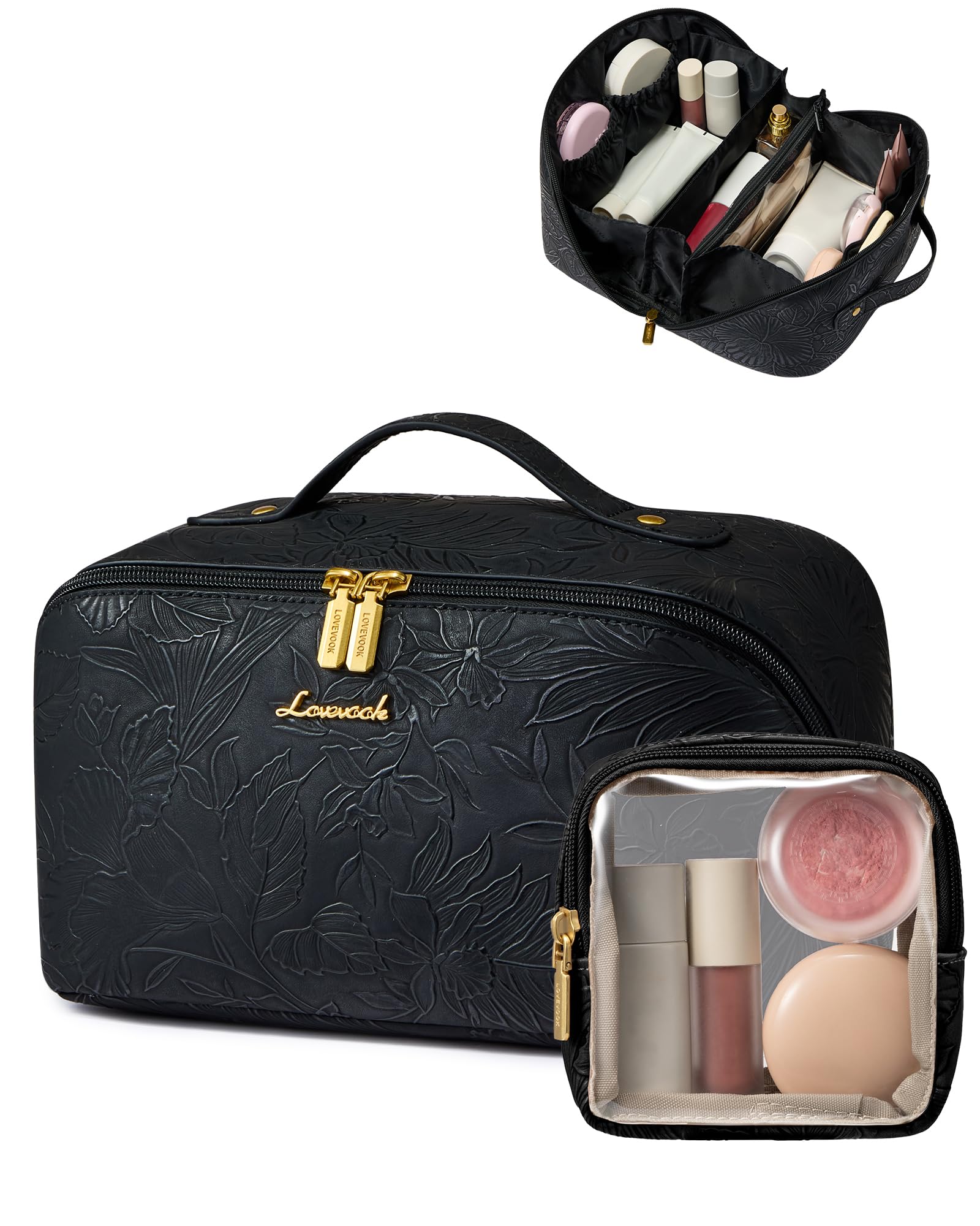 LOVEVOOK Travel Makeup Bag for Women, 2Pcs Large Capacity Cosmetic Organizer Bag, Waterproof PU Leather, Flat Open Portable Small Toiletry Pouch for Skincare, Brushes (Embossed Black, Large)