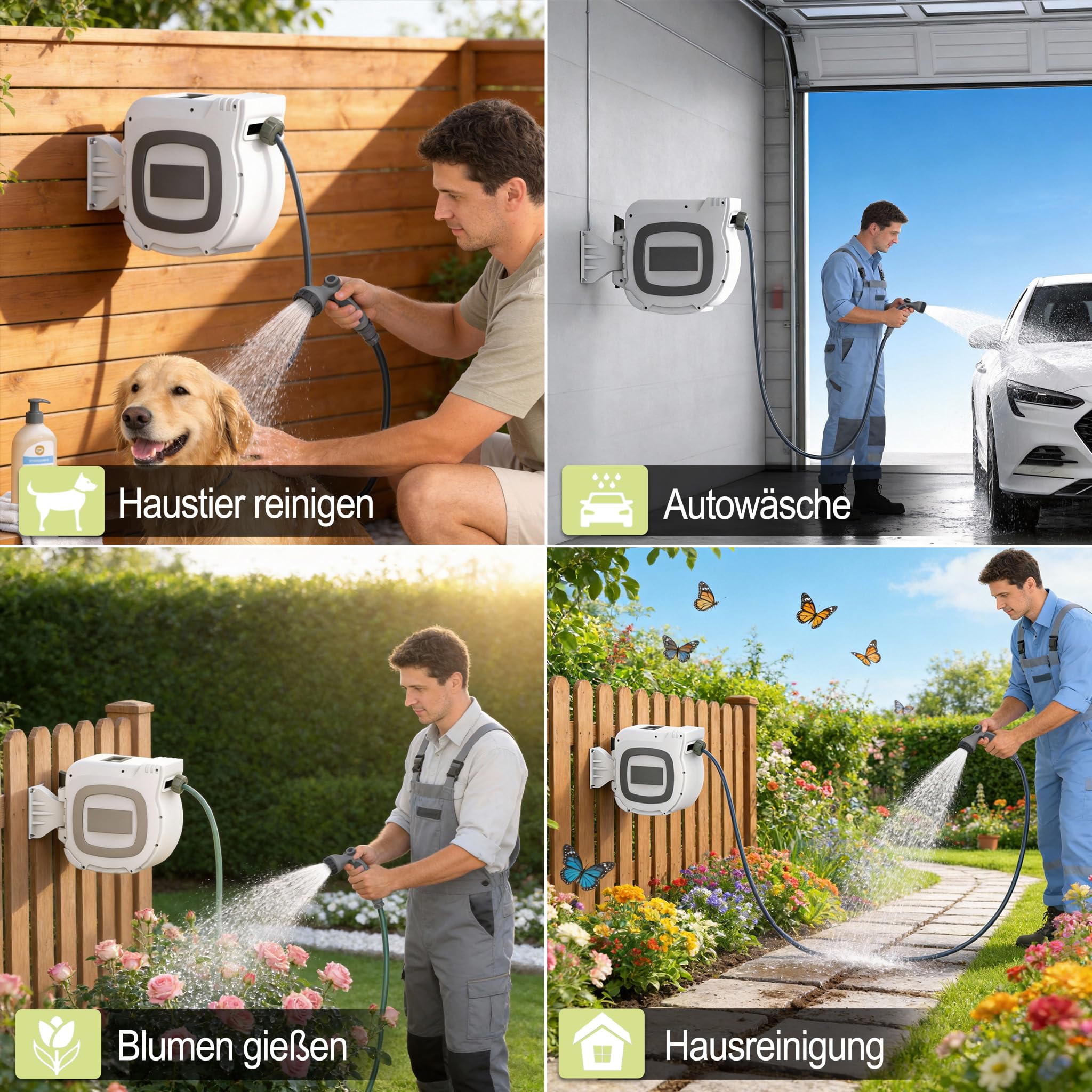 Aufun Wandmontage Schlauchtrommel 30M Gartenschlauch, Weiß | Schlauchaufroller mit Handbrause und Anschlüssen, Automatik-Aufrollung, 180° Schwenkhalterung, 10 Sprühmodi