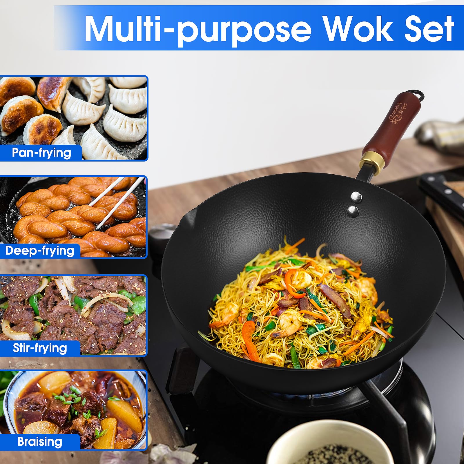 Souped Up Recipes Wok de acero al carbono de 10 pulgadas para estufas eléctricas, de inducción y de gas (tapa y video guía de usuario incluidos)