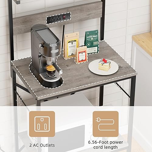 Miniatura 4 de JAMFLY Estante para hornear de cocina con toma de corriente, soporte para microondas con 6 ganchos en forma de S, estante para microondas de 4