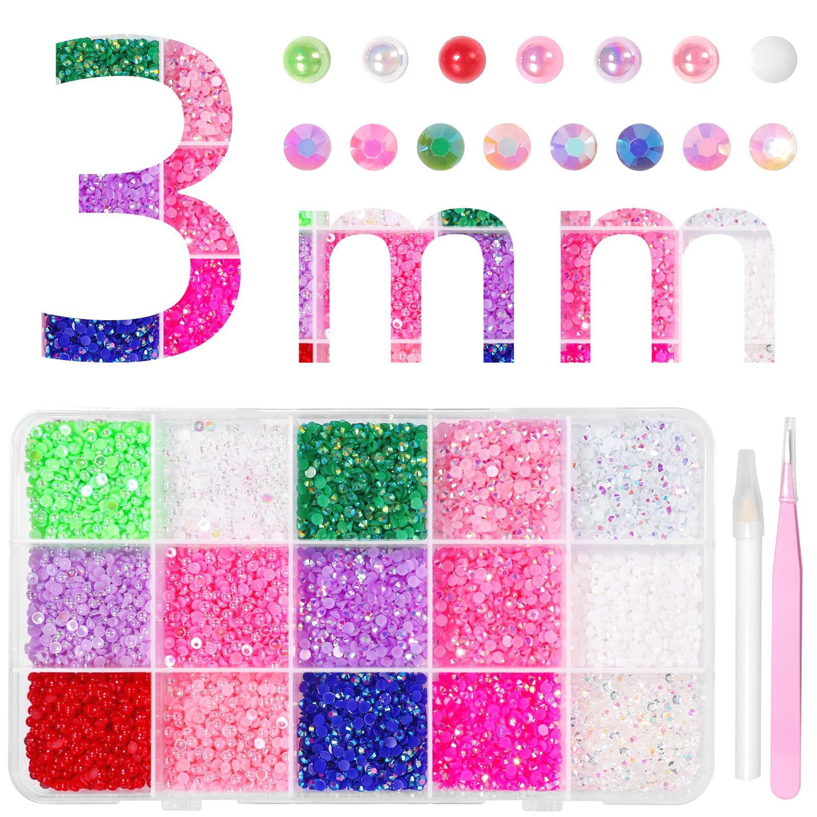 Multicolor Flatback Pearls and Rhinestones for Crafting, 3 mm Jelly Resin Rhinestones and Half Pearl Bedazzling Gems for Nail DIY Crafts Mugs Bottles