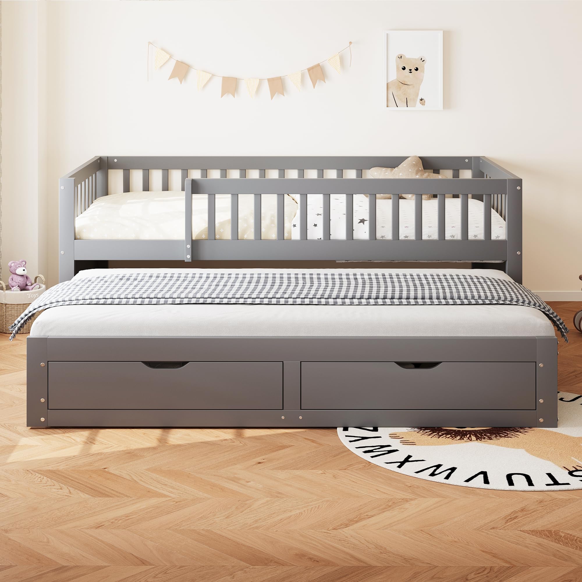 Kebnor Divano letto in legno massiccio, rete di sicurezza completamente rivestita, letto estraibile con 2 cassetti sottostanti, con rete a doghe, lettino per ragazzi e adulti (grigio, 90 x 200 cm)