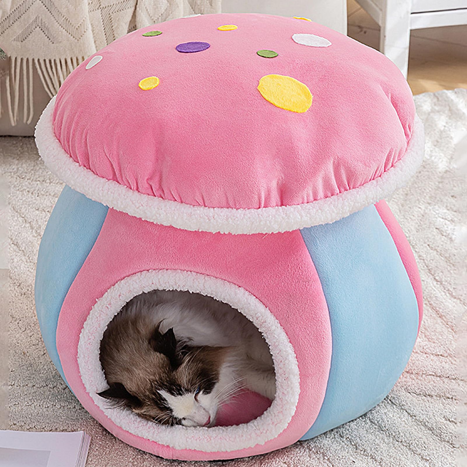 Lit Caverne pour Chat | Niche pour Chien en Forme de Champignon Partiellement Fermée,Maison pour Chat D'Intérieur - Chiot D'Intérieur, Salon, Chambre, Balcon, Appartement, Maison