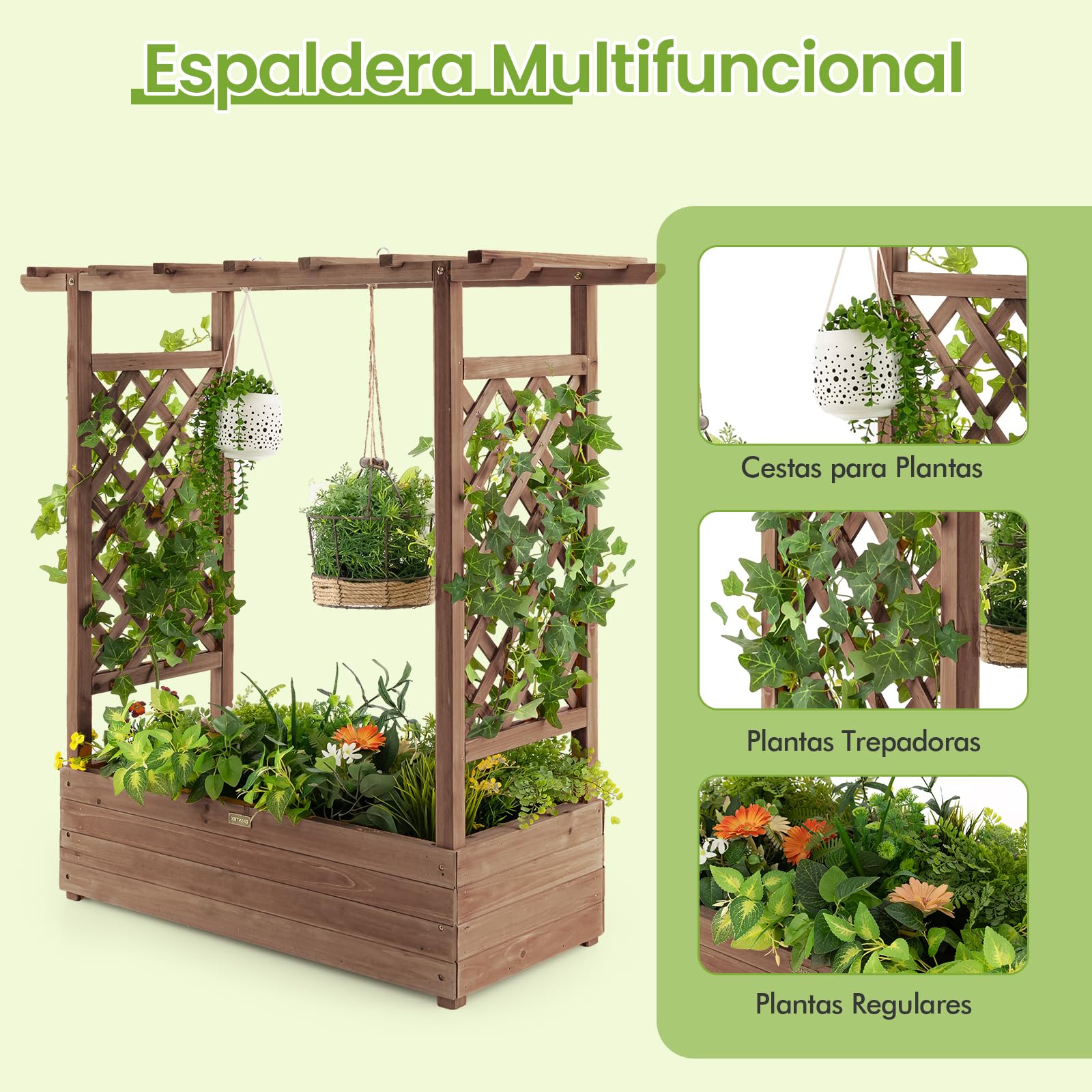 GOPLUS Jardinera Enrejada de Madera, Cama Elevada de Jardín con Orificios de Drenaje para Plantas Trepadoras, Flores, Verduras, Huerto Urbano Vertical para Exterior Patio Terraza (Marrón)