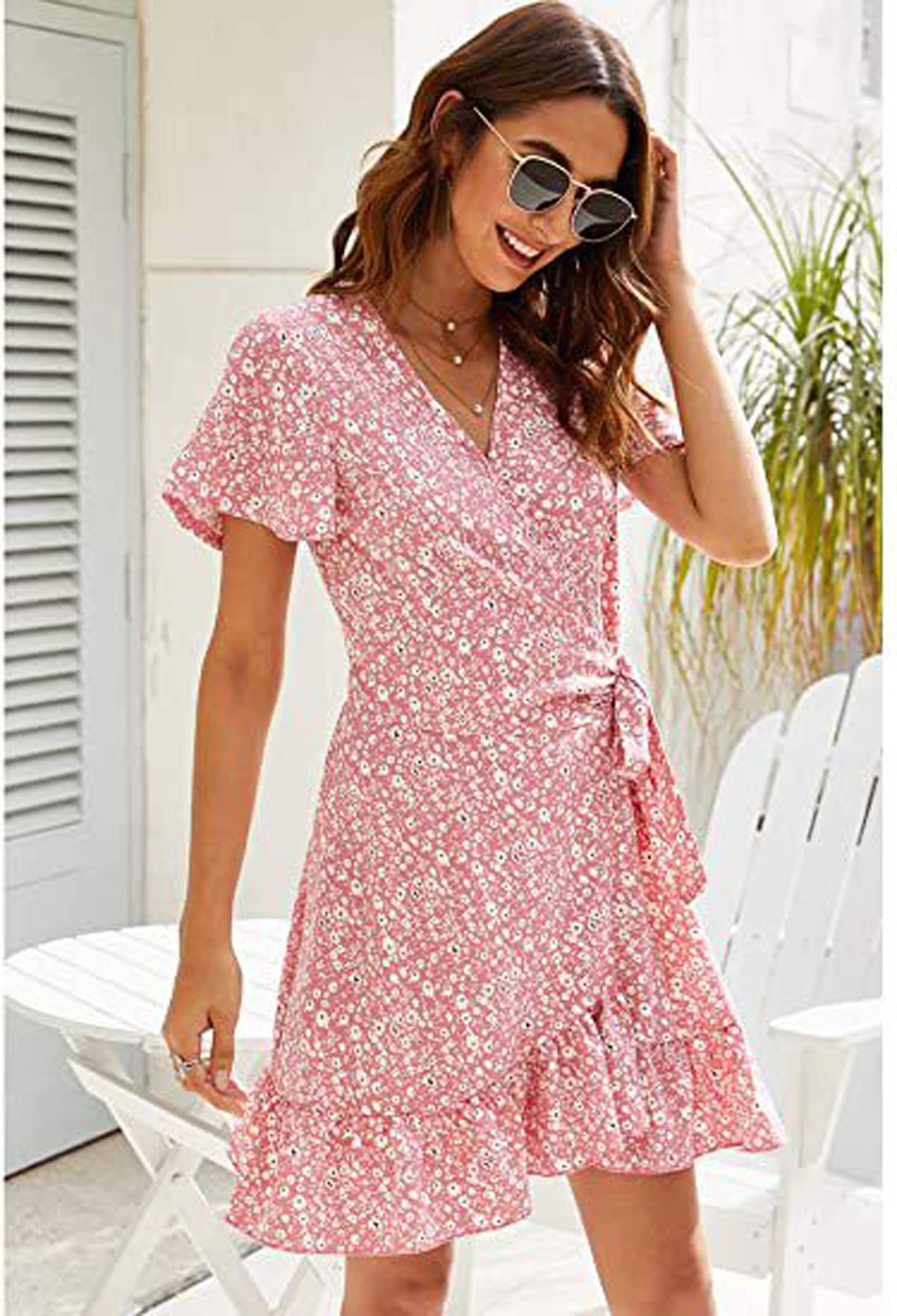 花柄プリントのVネックドレス 花柄ドレス ブルー ワンピース フロック プリント ボヘミアン